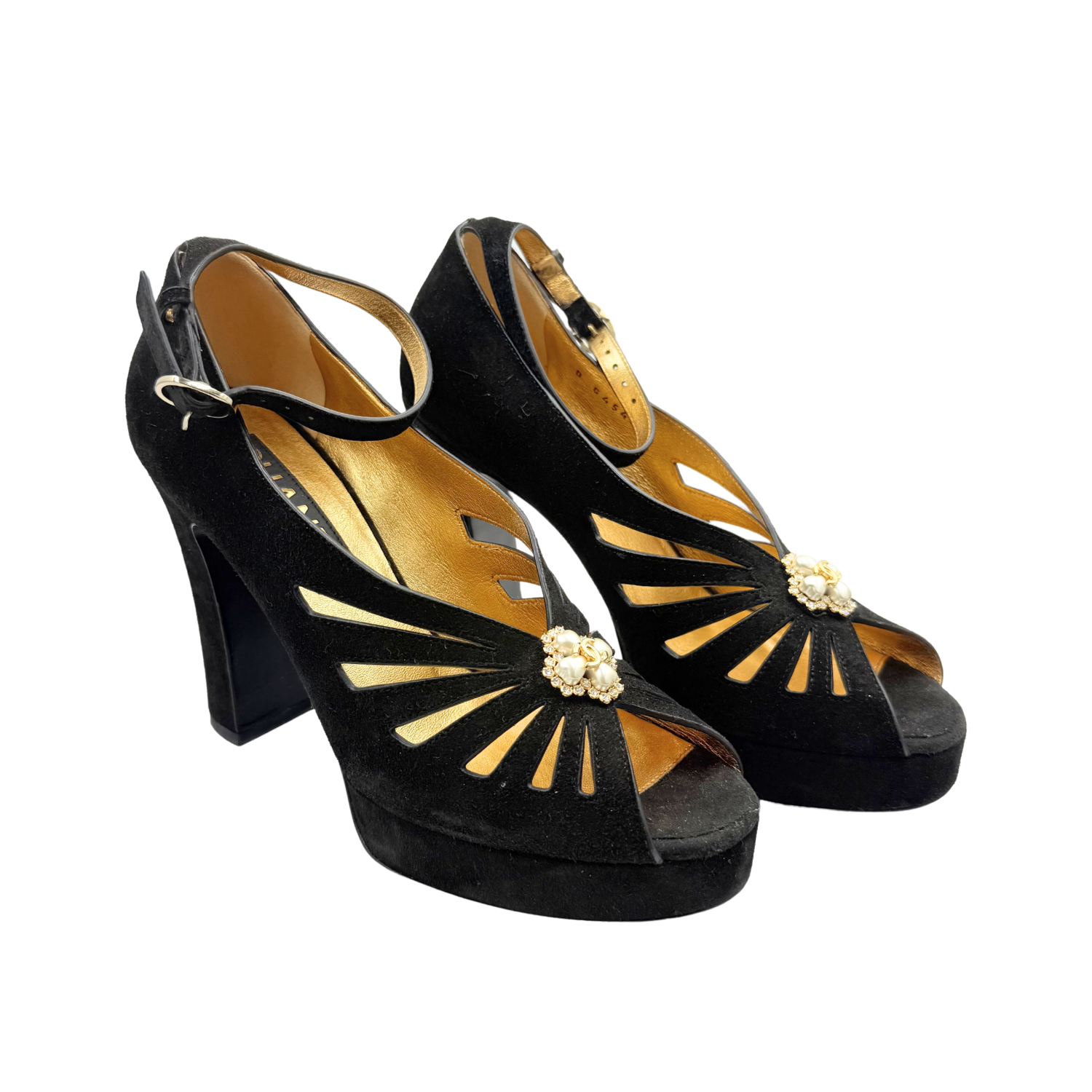 Chanel Suede Pearl Shamrock CC Heeled Sandals Black