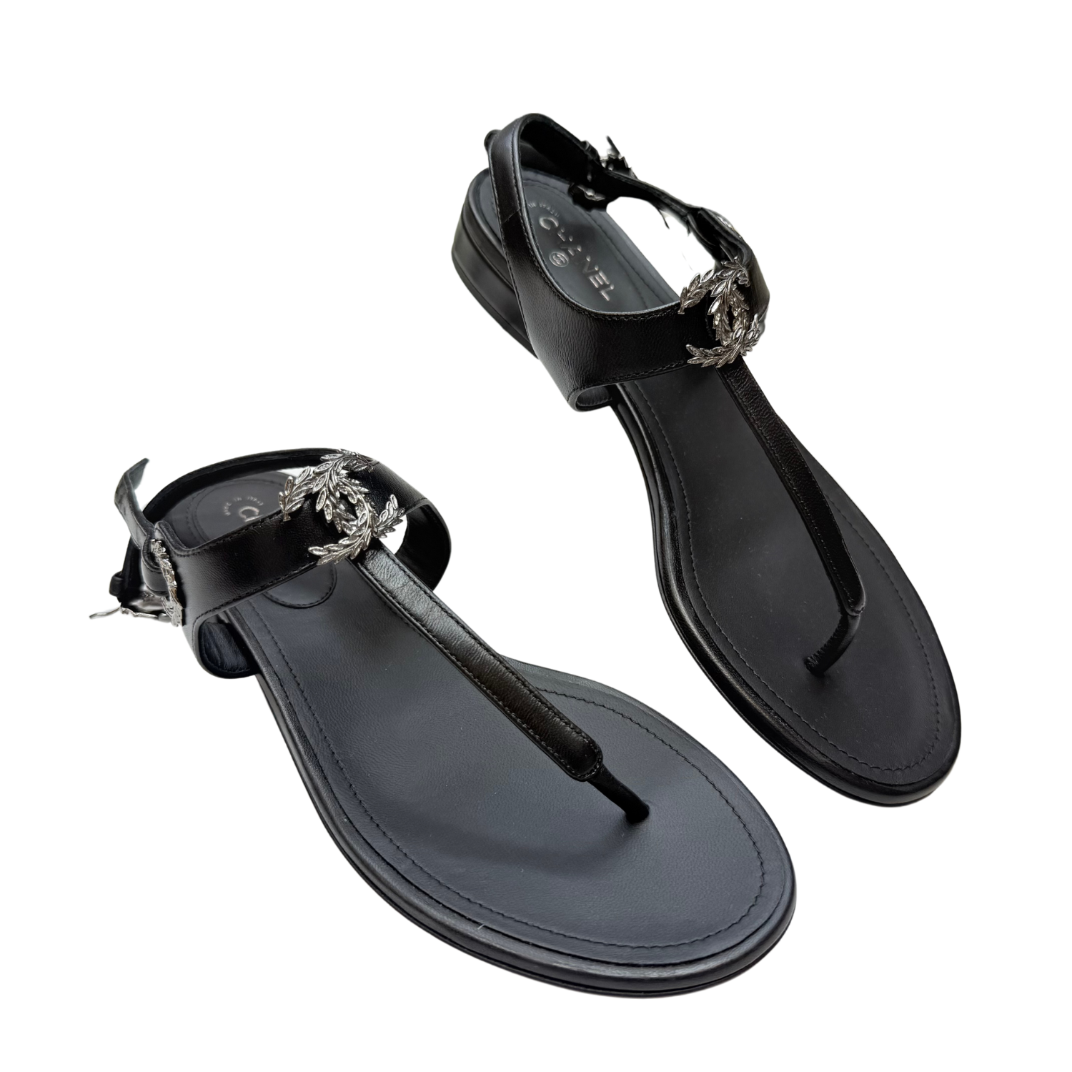 Chanel CC Leaf T-Strap Sandals Black