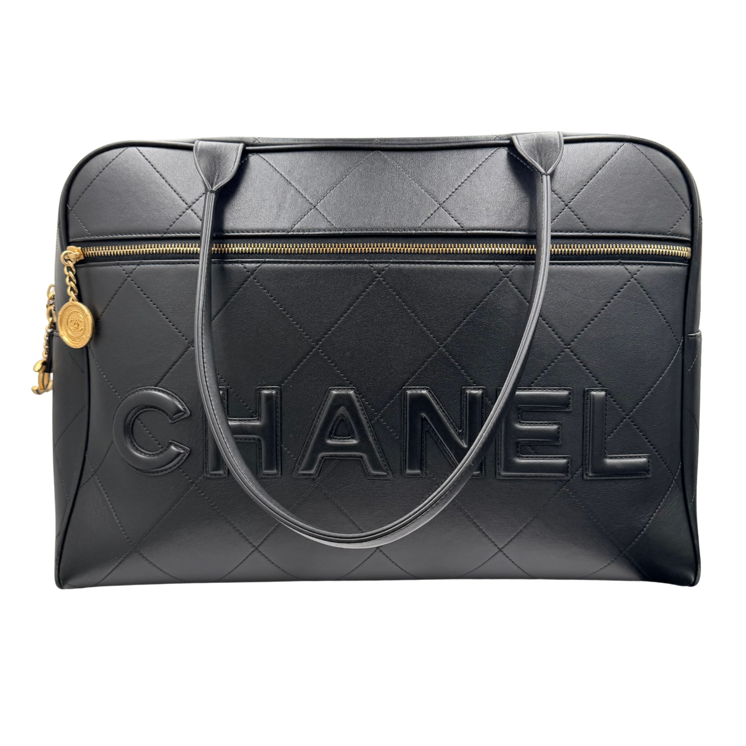 Chanel Quilted Calfskin Maxi Logo Bowling Bag Black