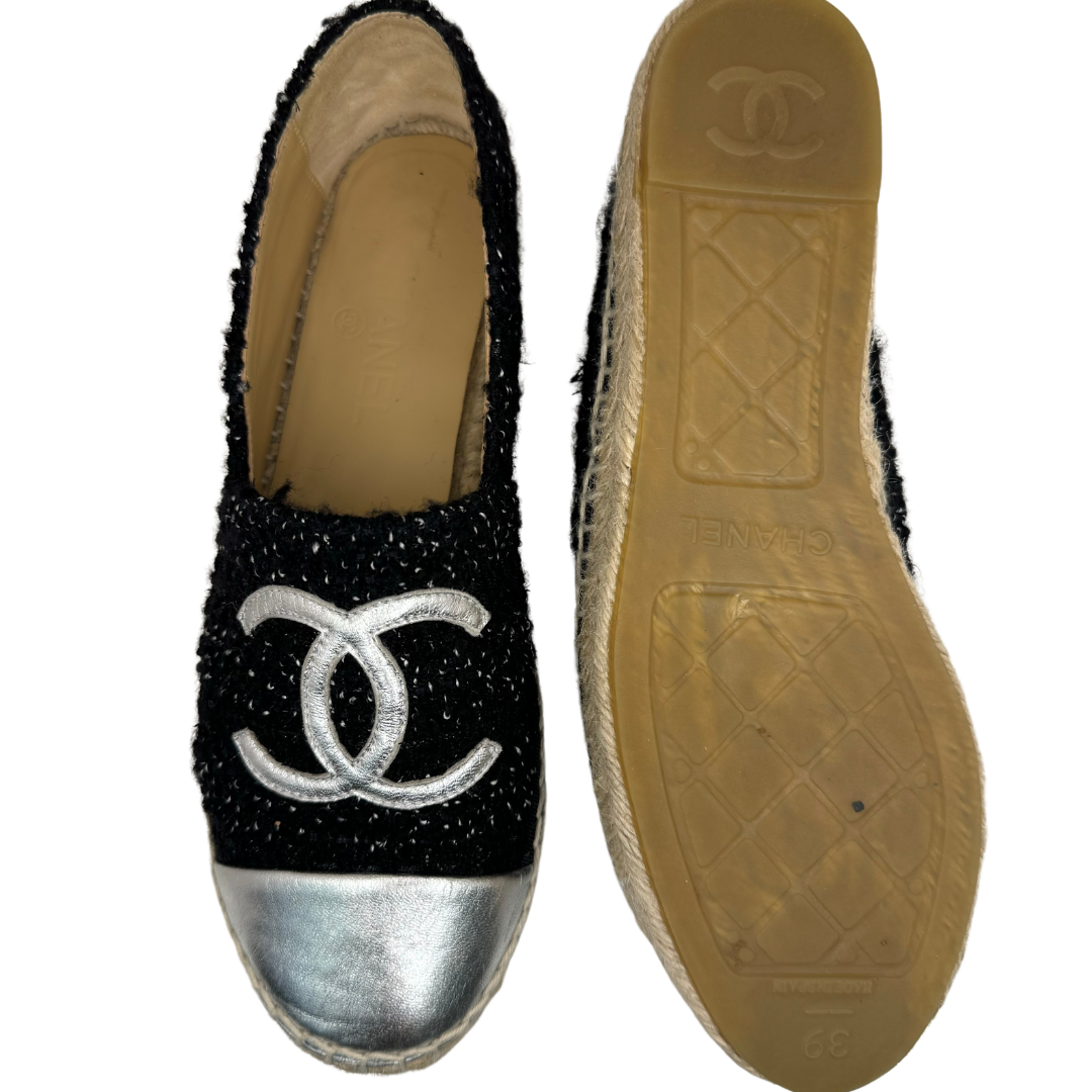 Chanel Lambskin Tweed Espadrilles Black Silver