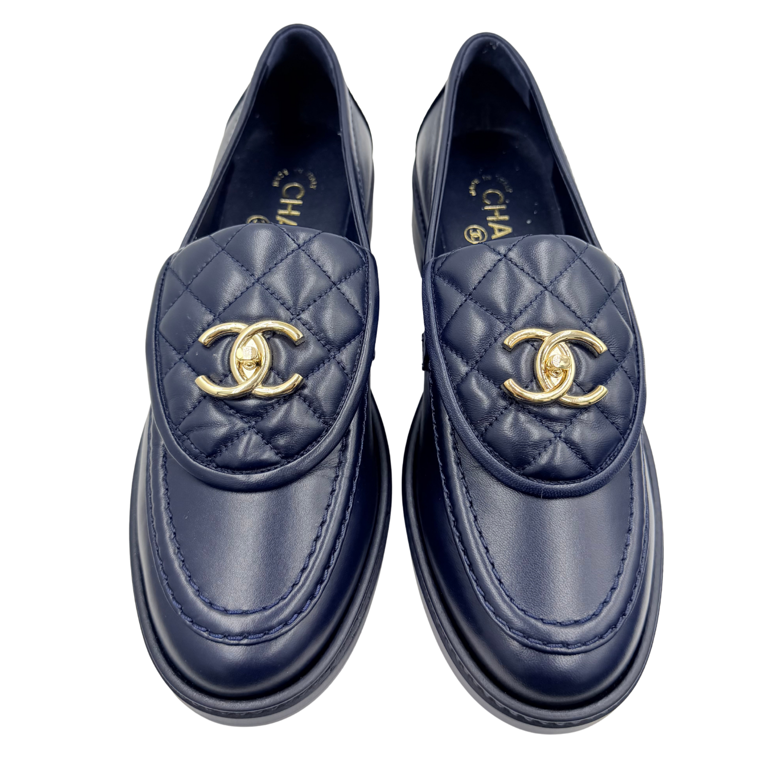 Chanel Quilted Lambskin CC Turnlock Loafers Navy