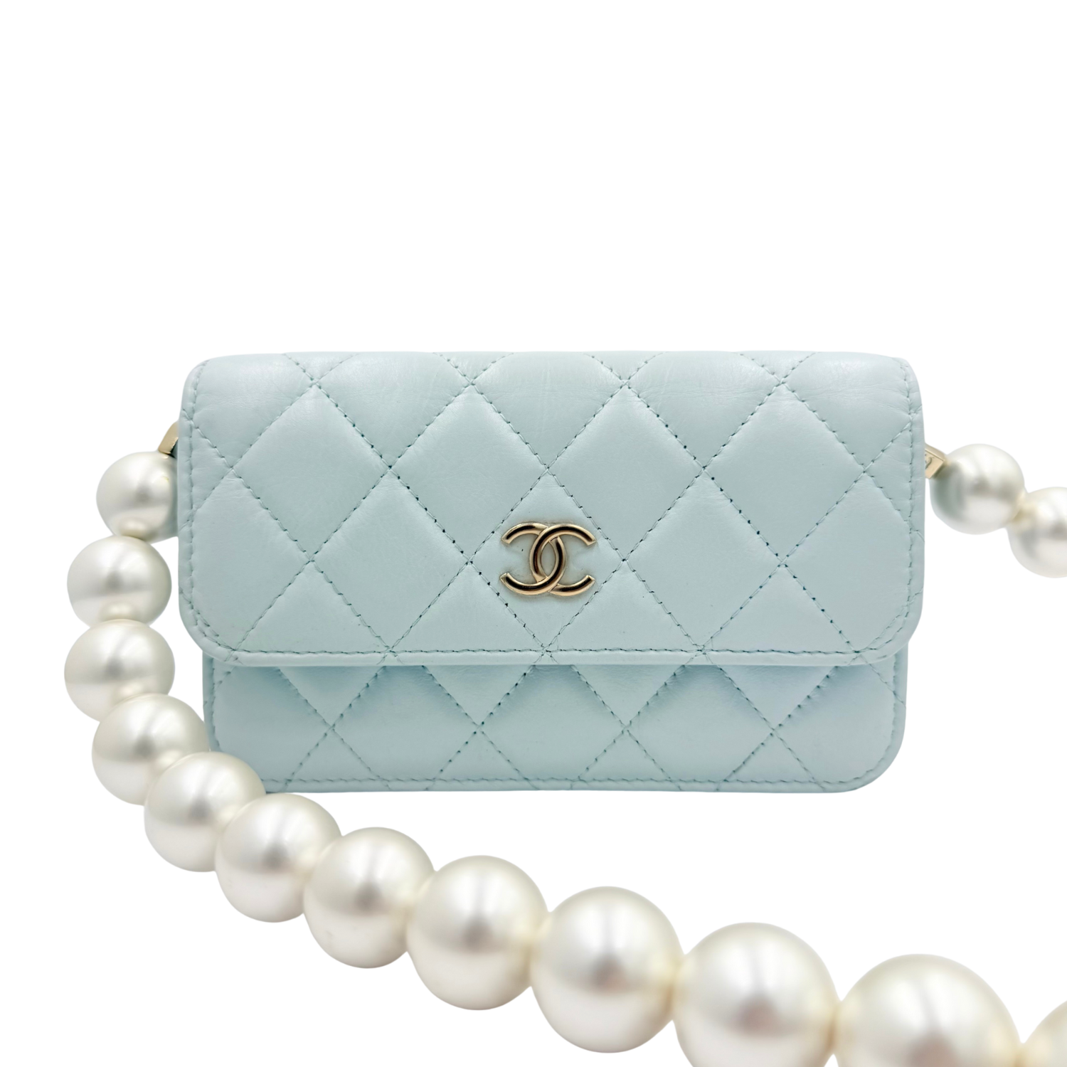 Chanel Quilted Lambskin Imitation Pearl Wallet on Chain Light Blue