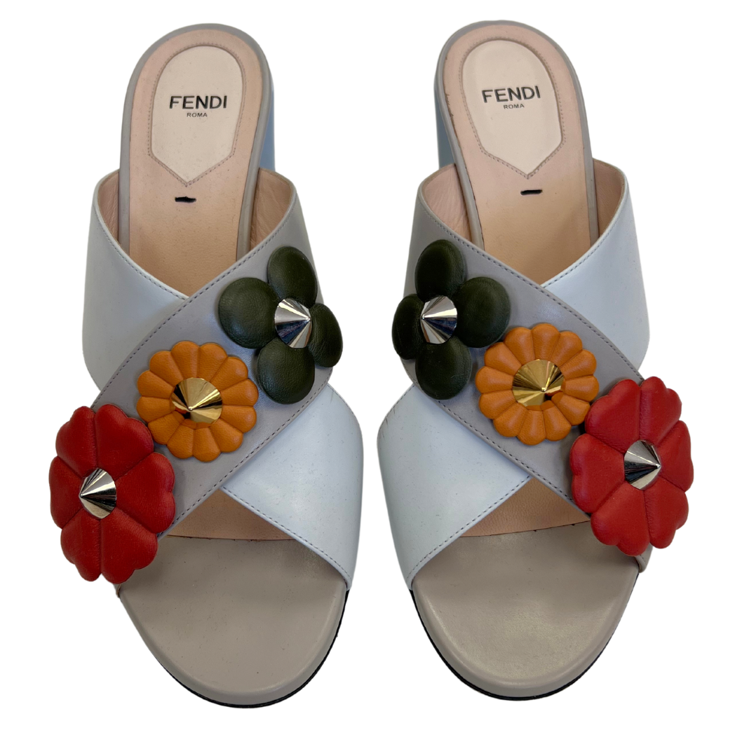 Fendi Leather FlowerLand Block Heel Sandals