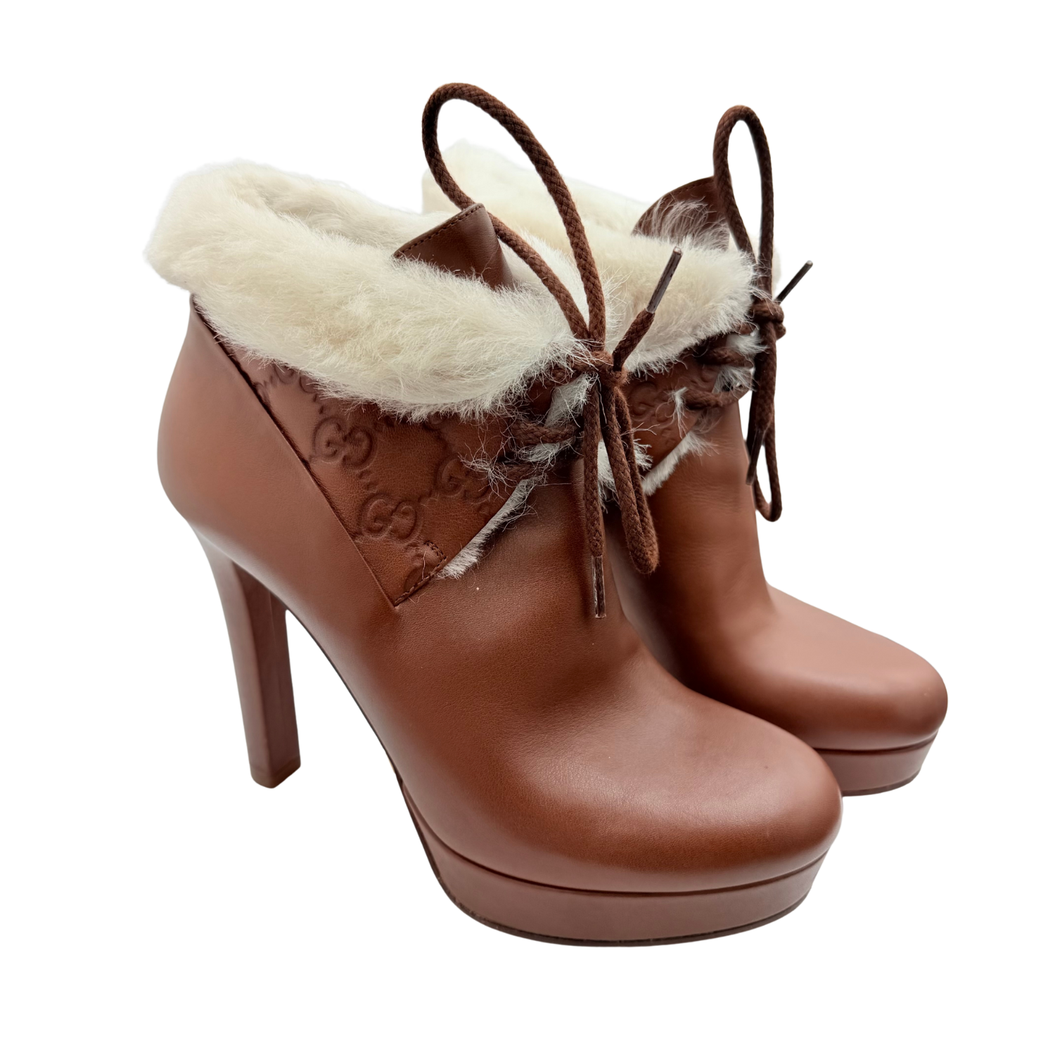 Gucci GG Leather Lace-Up Booties Brown