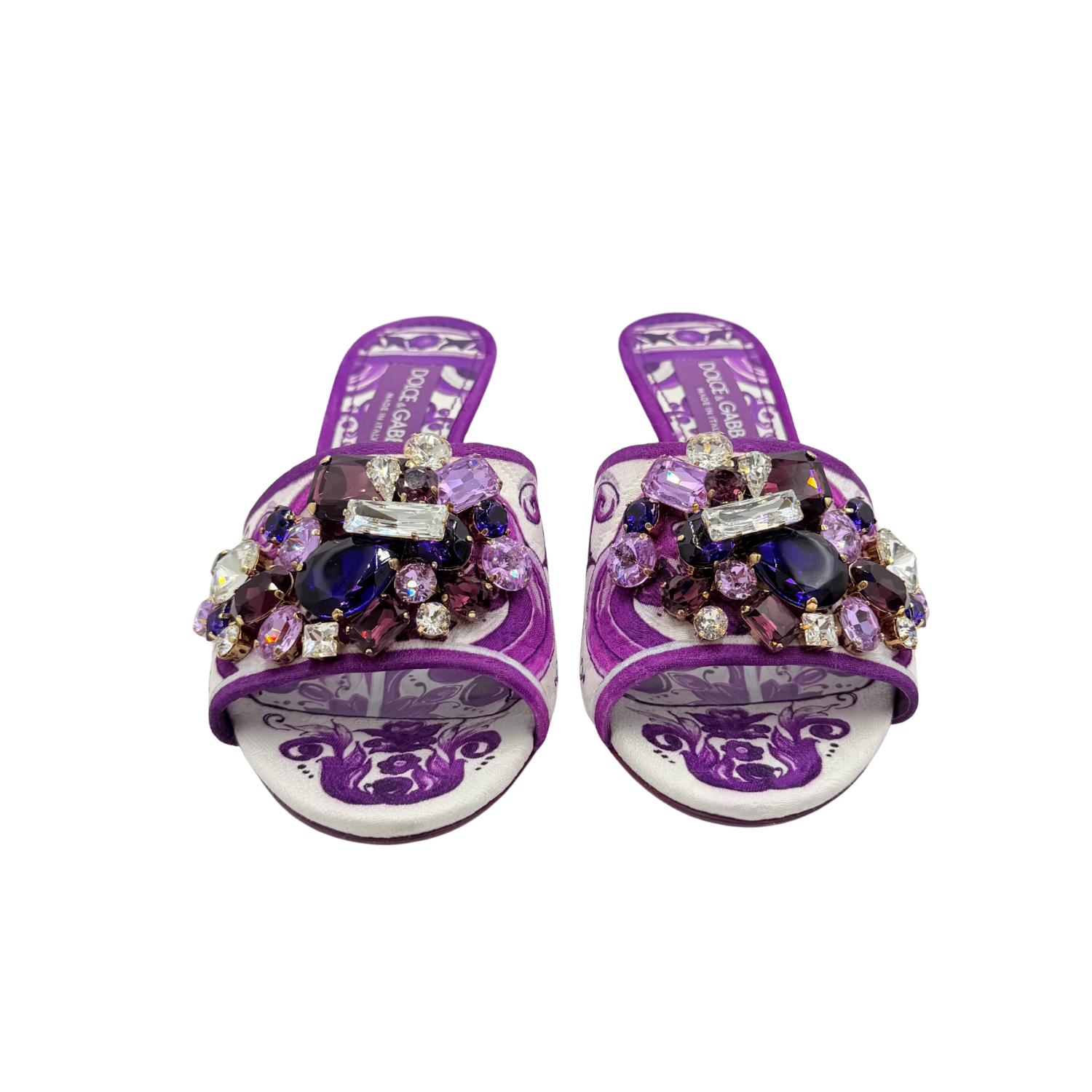 Dolce and Gabbana Brocade Kitten Heels with Jewel Embroidery Purple and White Size 38