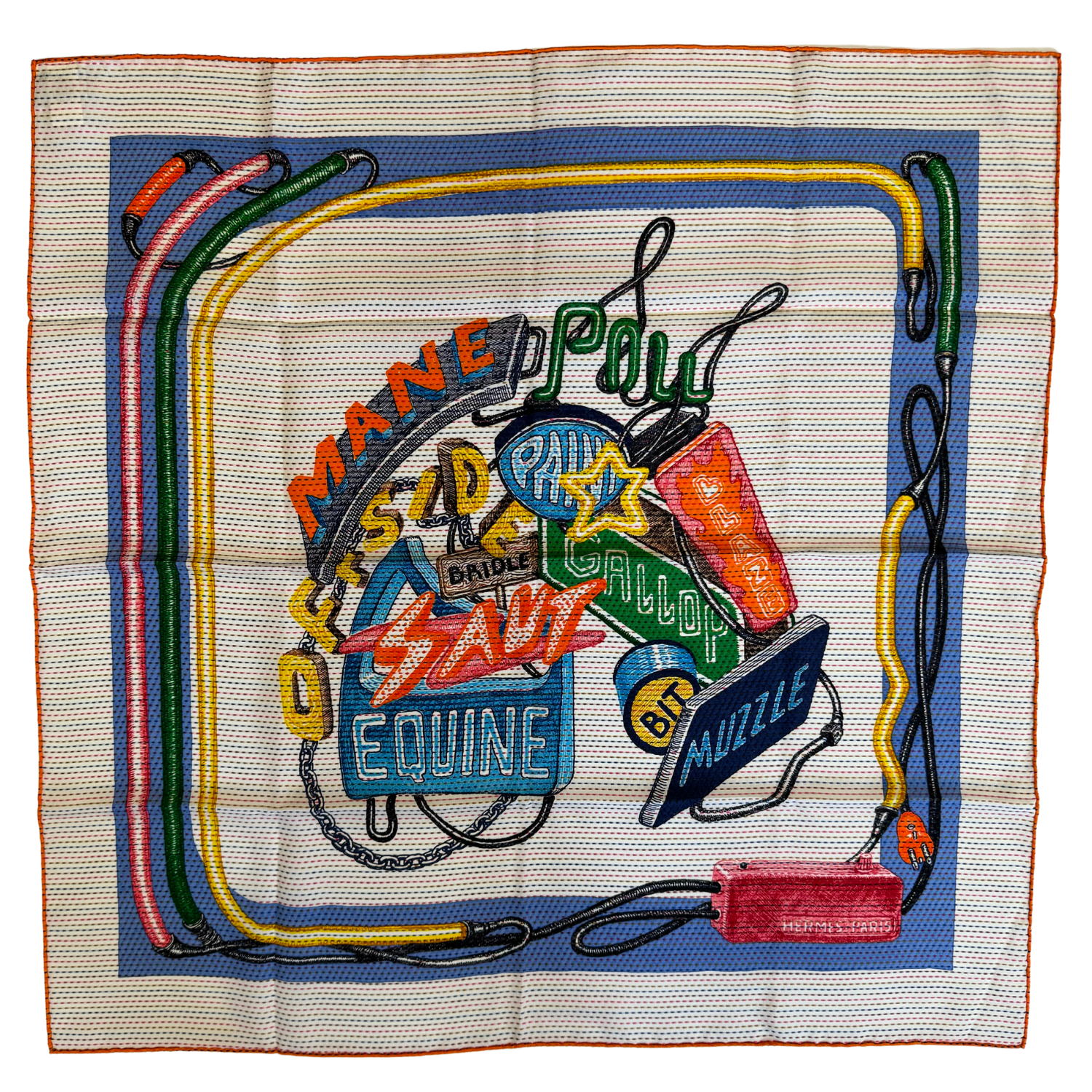 Hermès Silk Pointille Chevaloscope Neon Scarf 70 White Bleu Vert