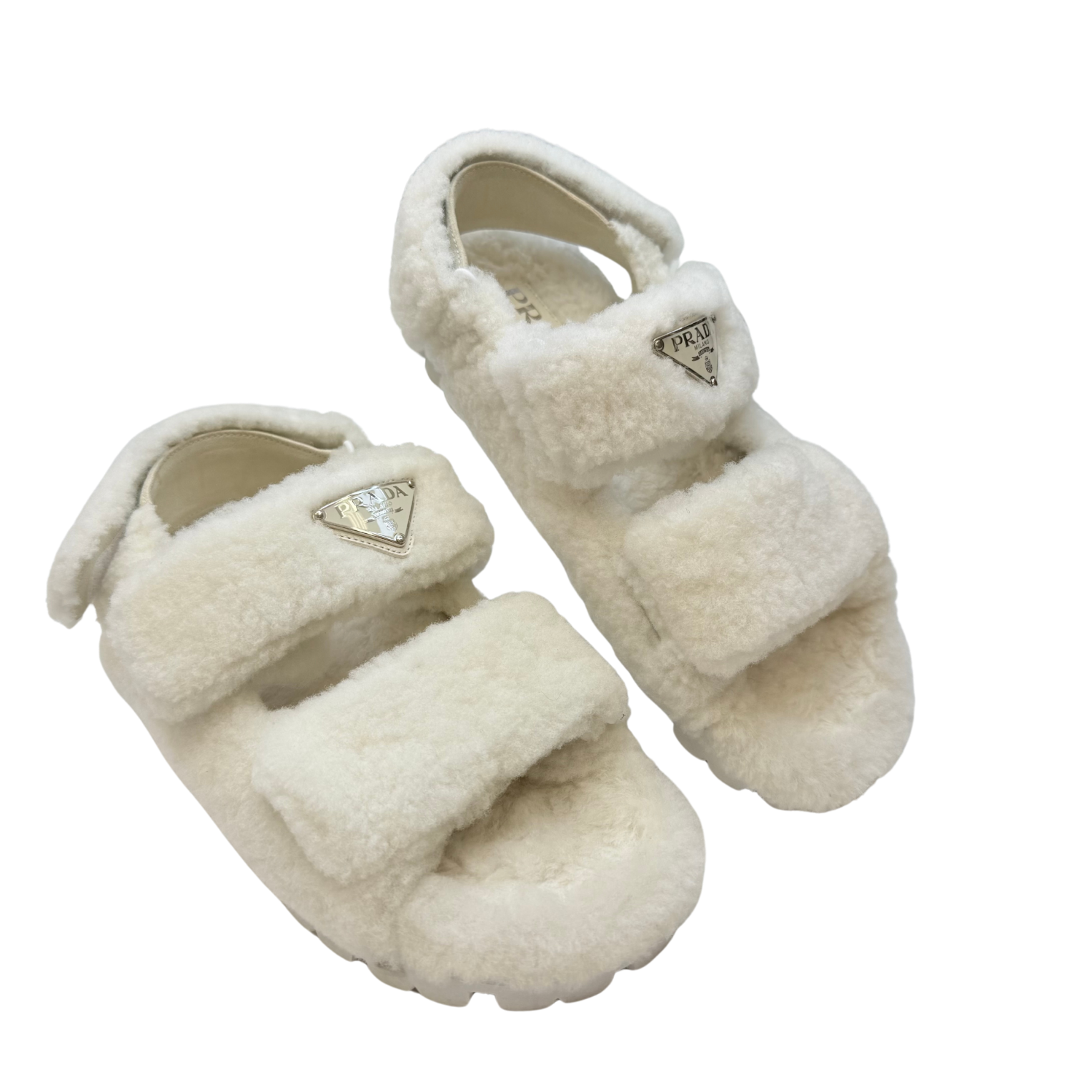 Prada Shearling Sandals Off White