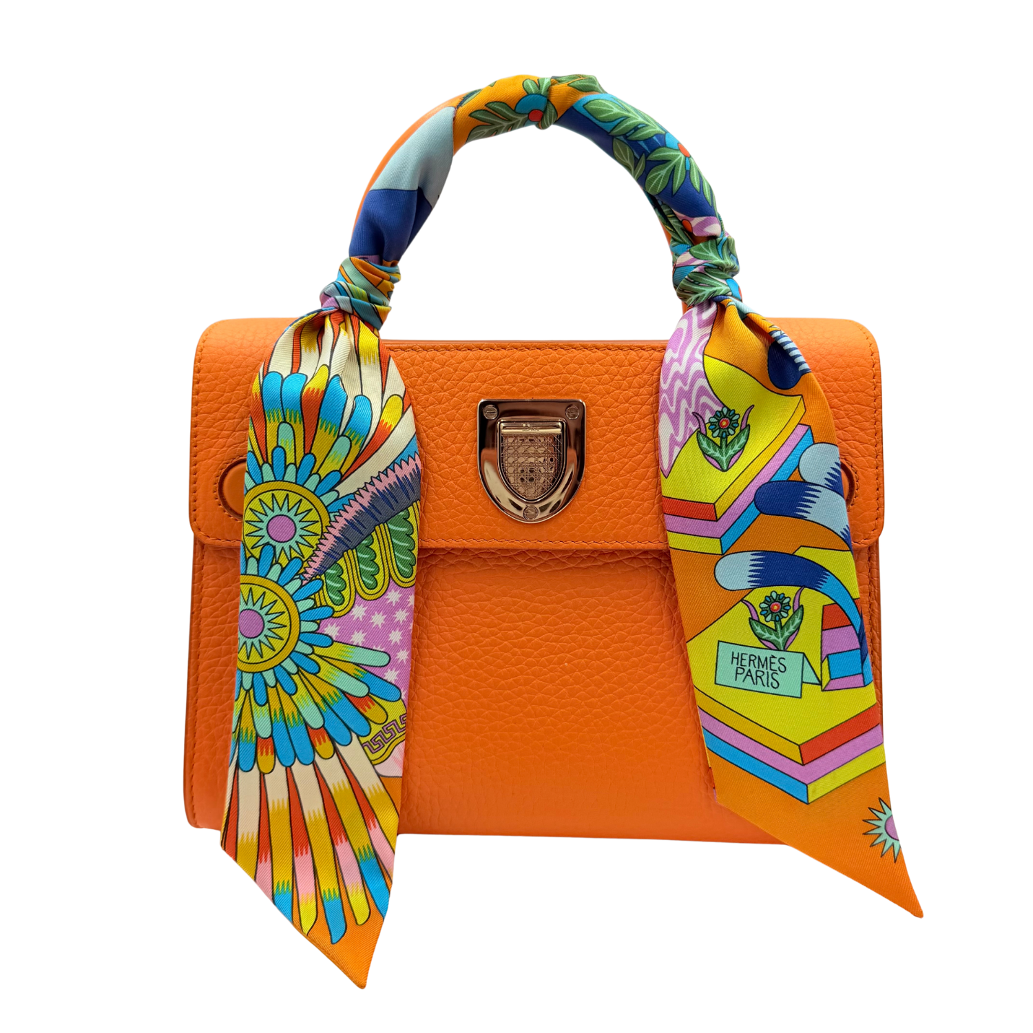 Christian Dior Mini Leather Diorever Crossbody Bag with Top Handle Orange (Comes with Hermès Twilly)