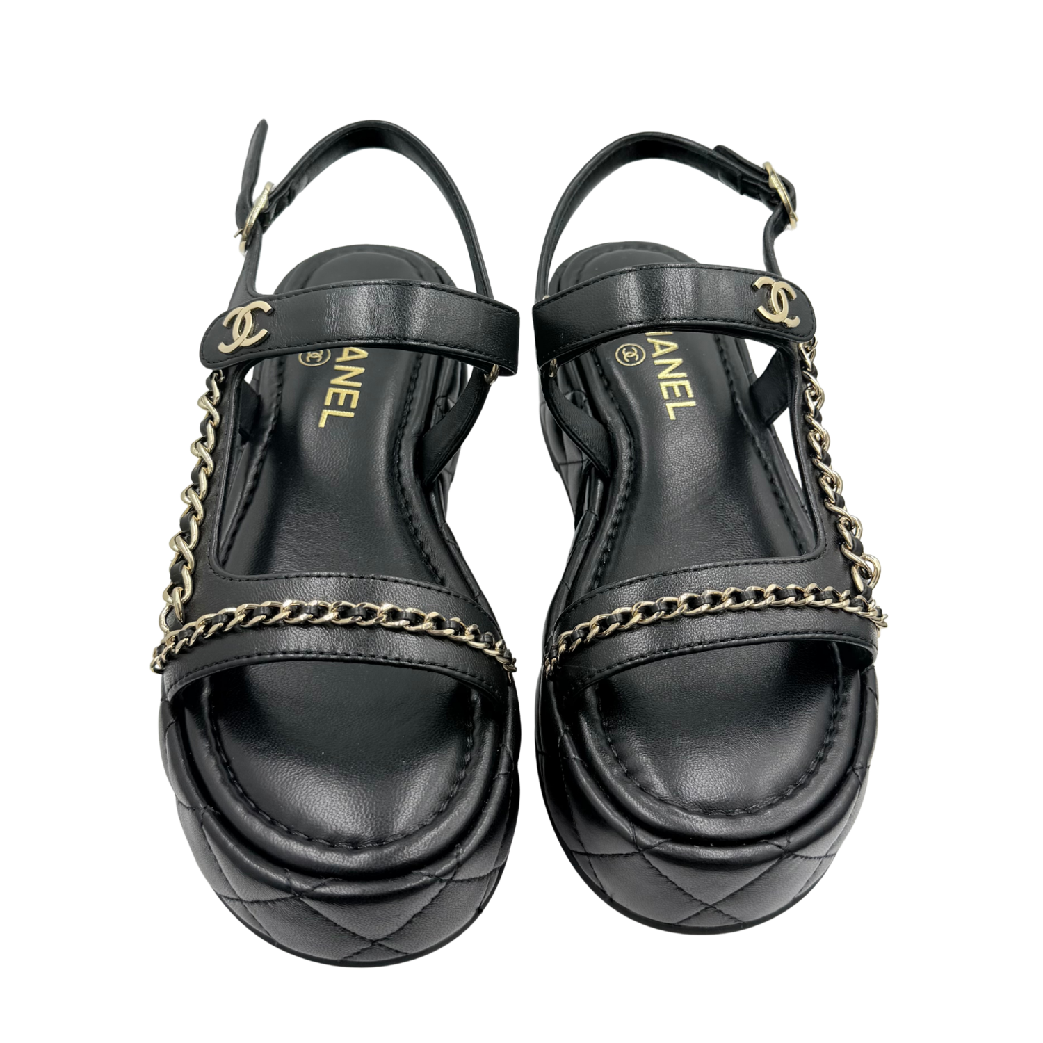Chanel Lambskin Quilted Chain CC Platform Sandals Black Size 37