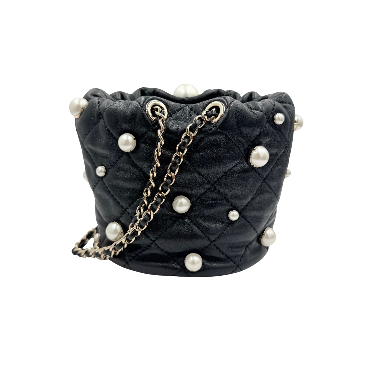Chanel Quilted Lambskin Bucket Bag with Pearls Pale Gold Hardware Black