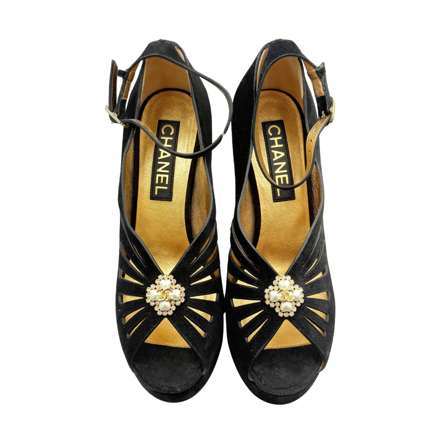 Chanel Suede Pearl Shamrock CC Heeled Sandals Black
