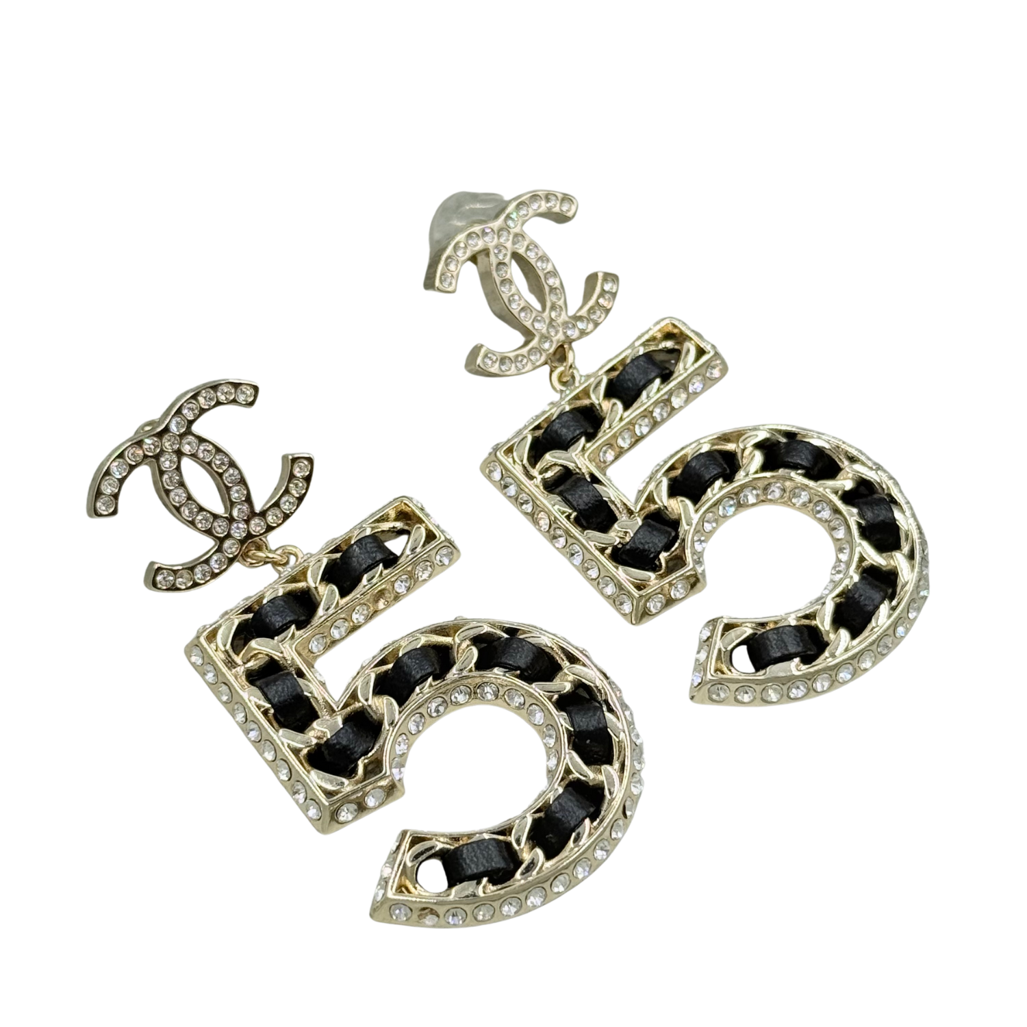 Chanel Large Crystal Lambskin Chain CC No 5 Drop Earrings Gold Black