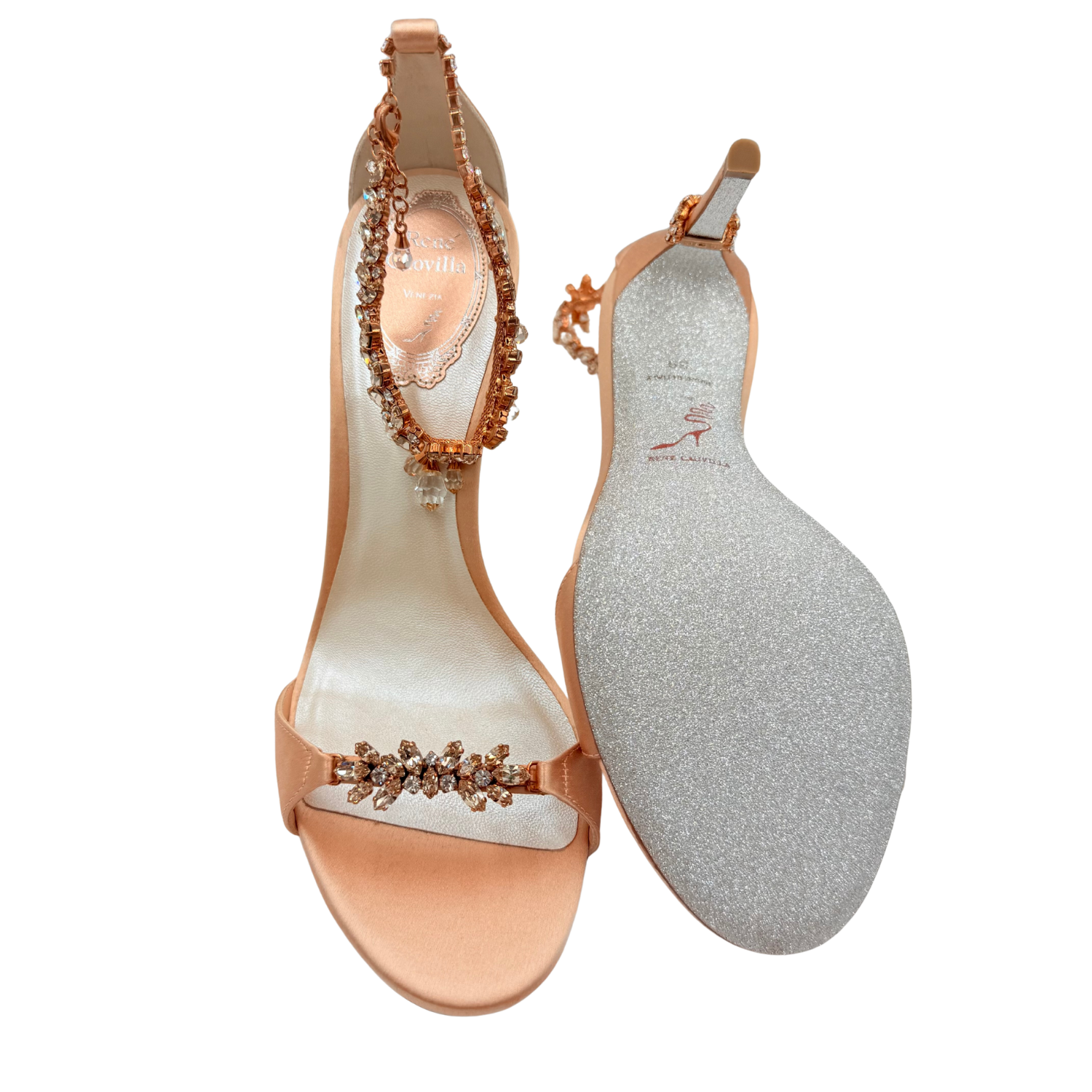 Rene Caovilla Anklet Crystal Embellished Sateen 105mm Heeled Sandals Peach