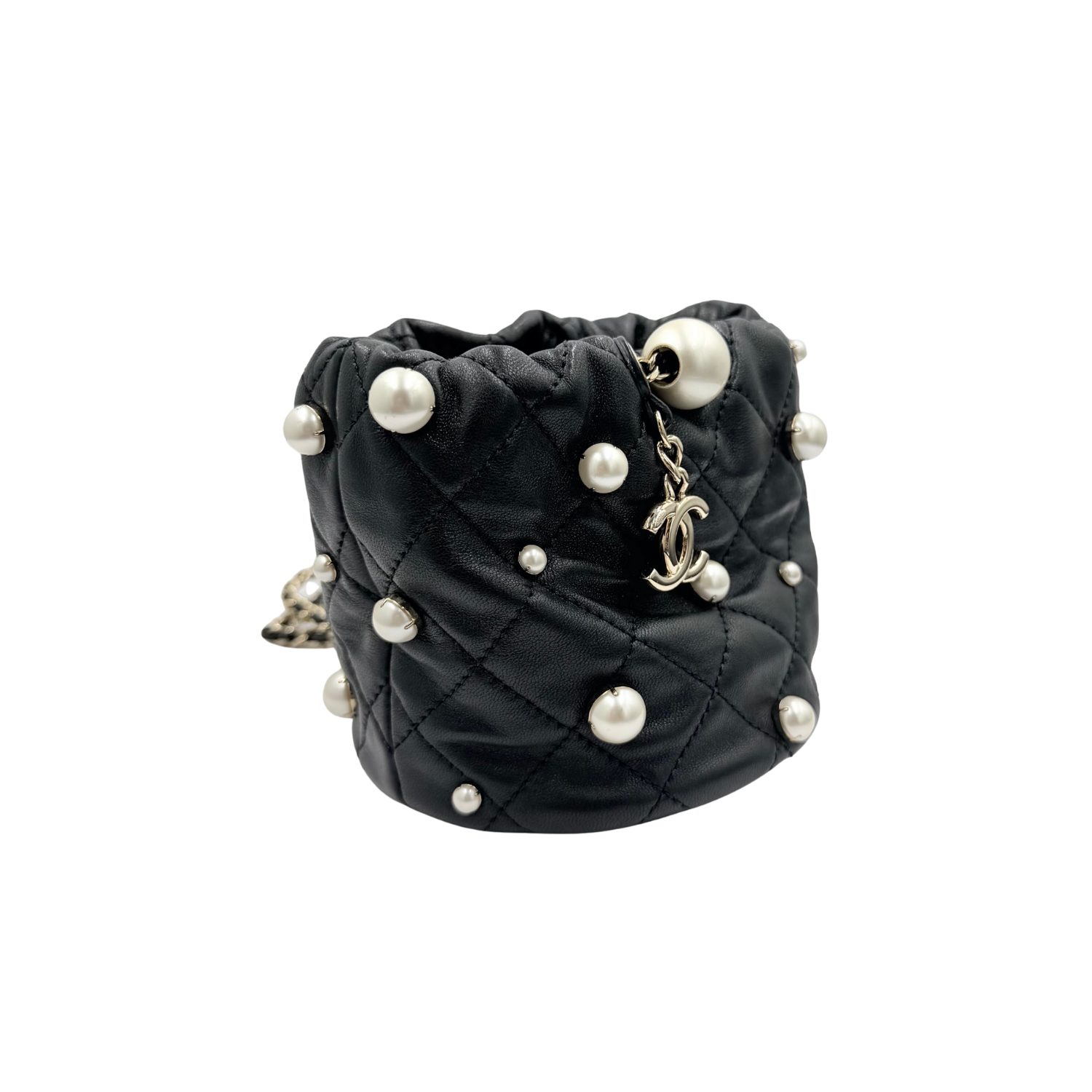 Chanel Quilted Lambskin Bucket Bag with Pearls Pale Gold Hardware Black