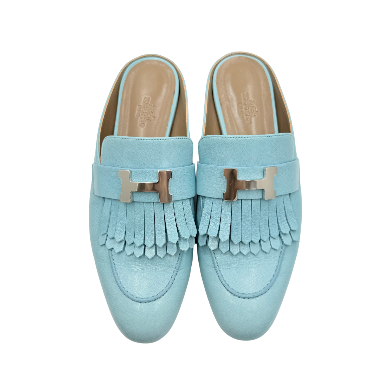 Hermès Rivoli H Chevre Mules Blue