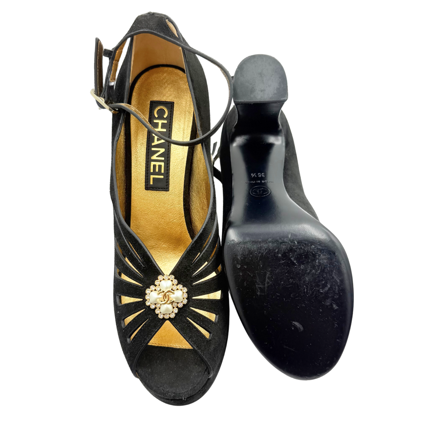 Chanel Suede Pearl Shamrock CC Heeled Sandals Black