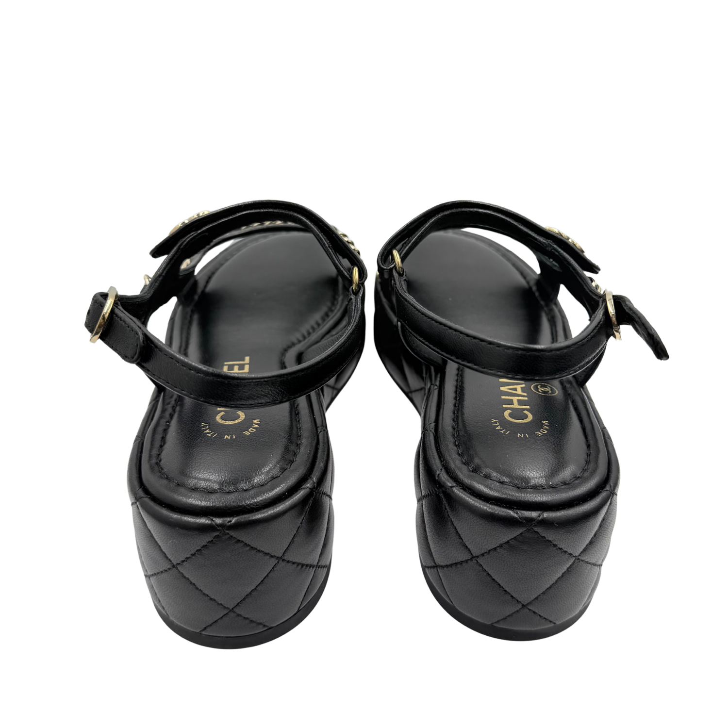 Chanel Lambskin Quilted Chain CC Platform Sandals Black Size 37