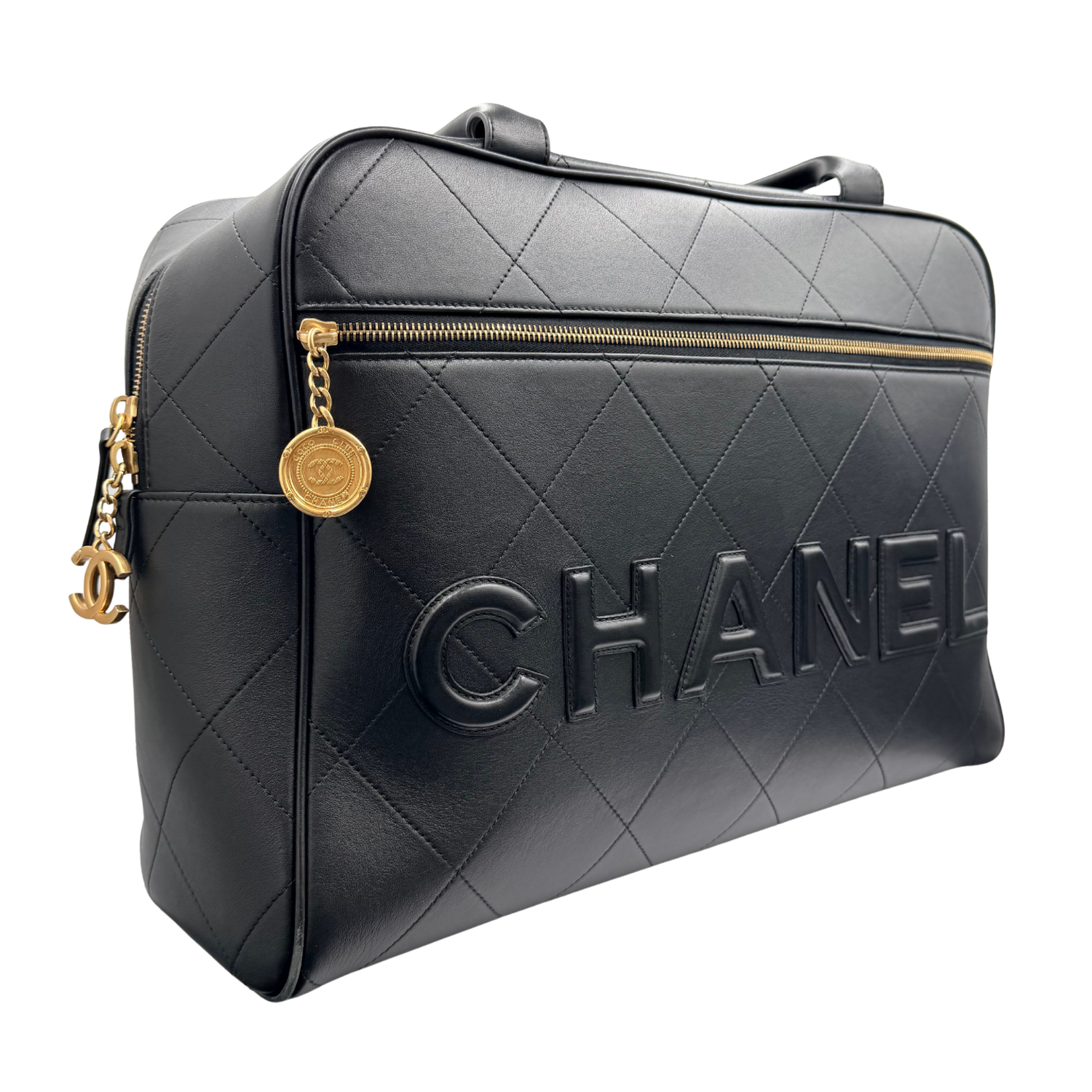 Chanel Quilted Calfskin Maxi Logo Bowling Bag Black