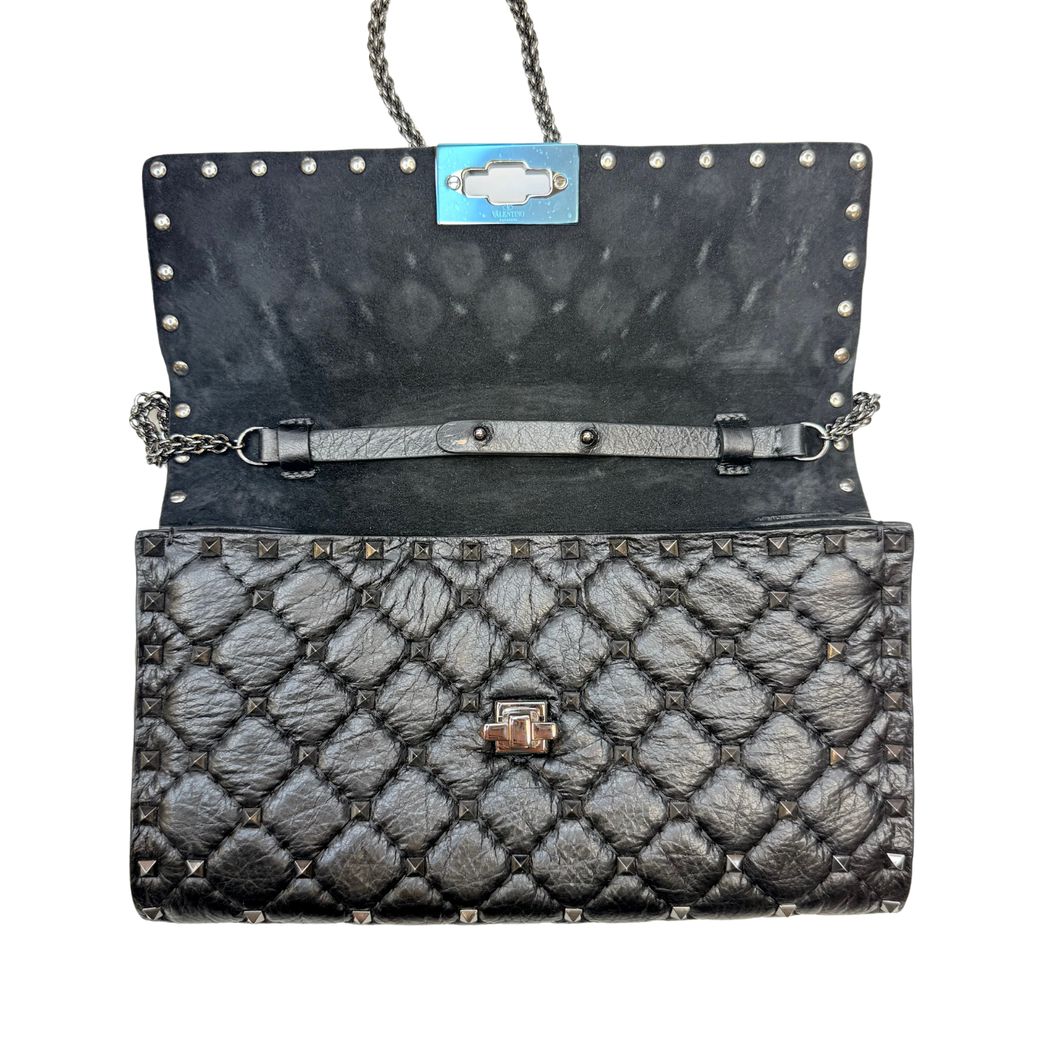 Valentino Craquele Nappa Rockstud Spike Wallet on Chain Black