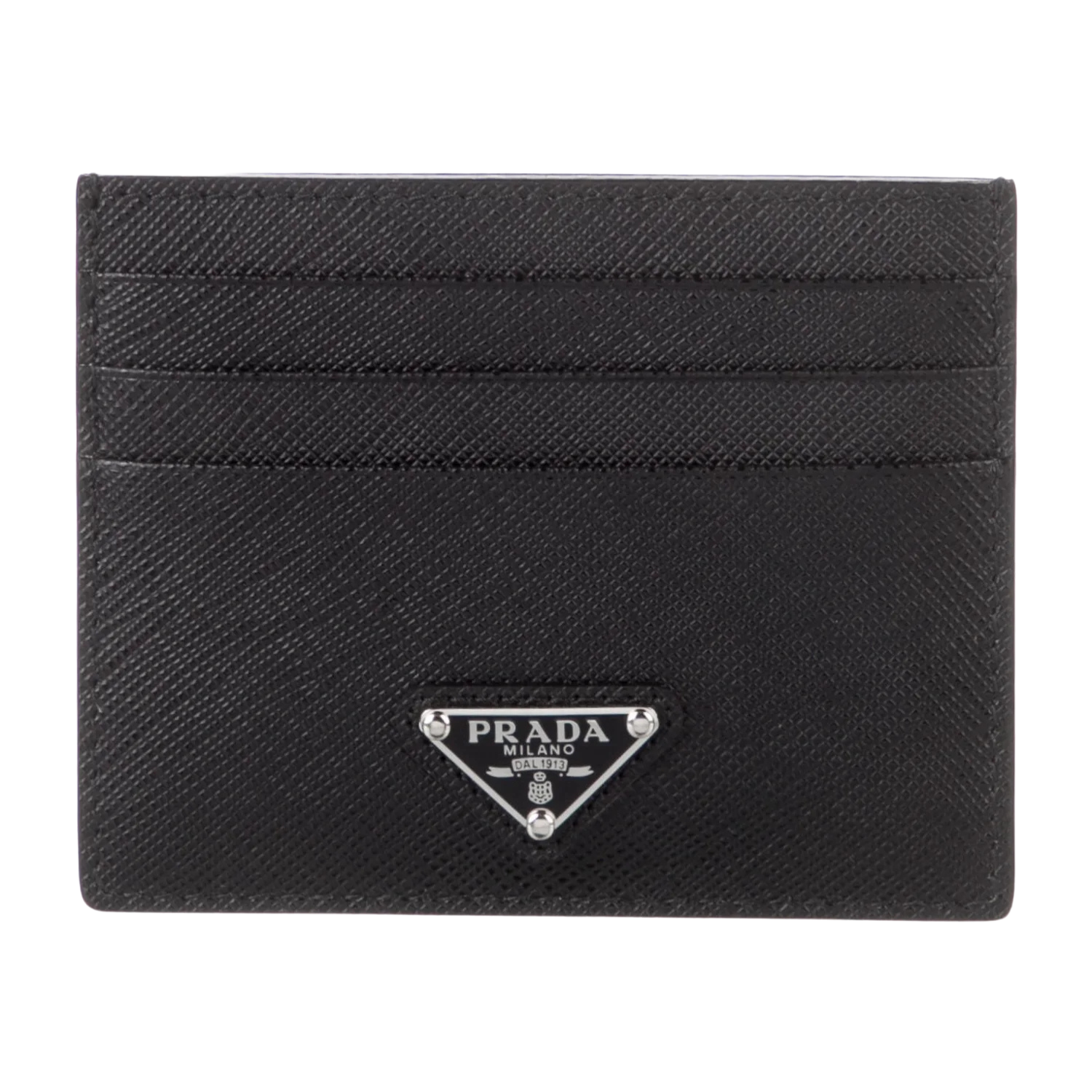 Prada Saffiano Triangle Leather Card Holder Black