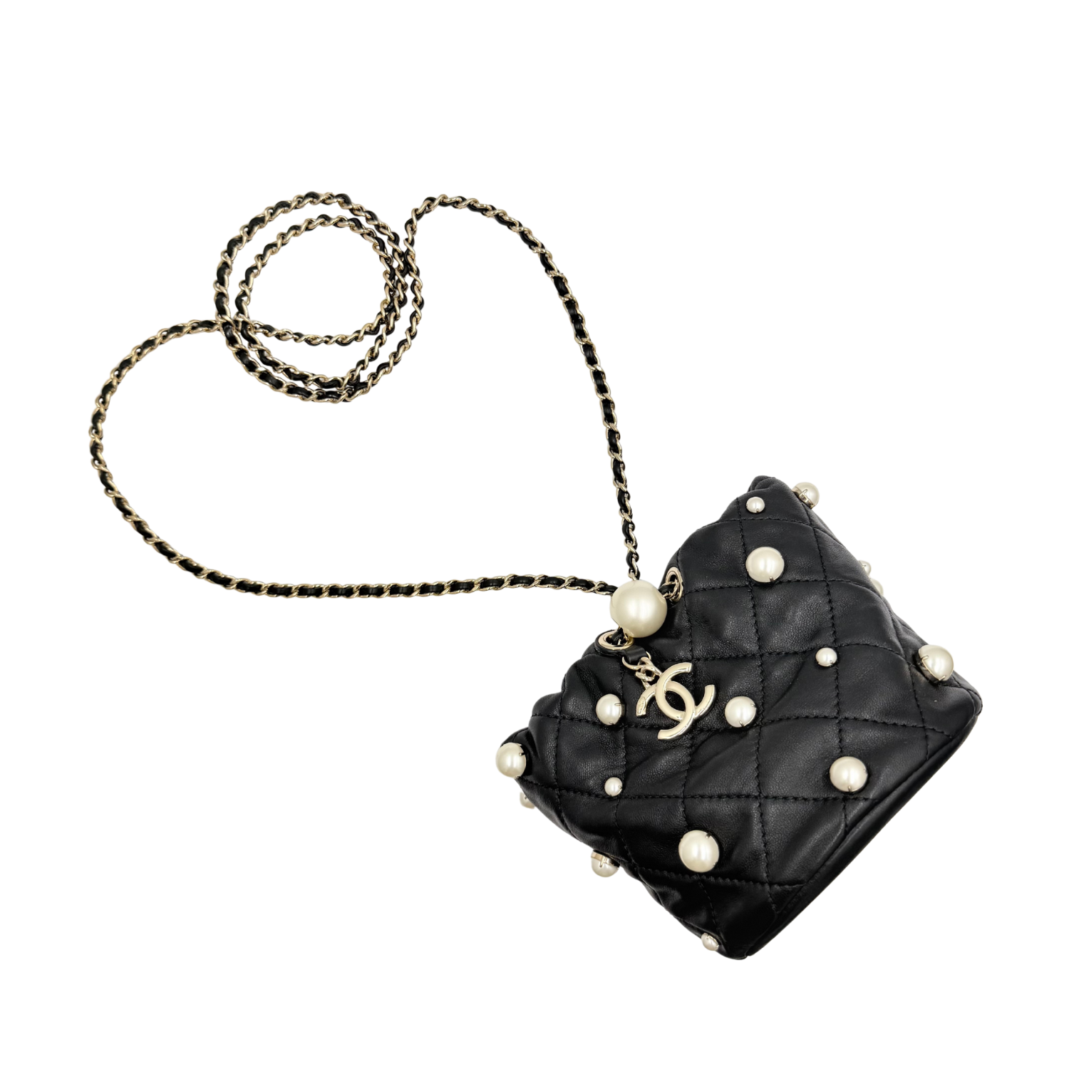 Chanel Quilted Lambskin Bucket Bag with Pearls Pale Gold Hardware Black