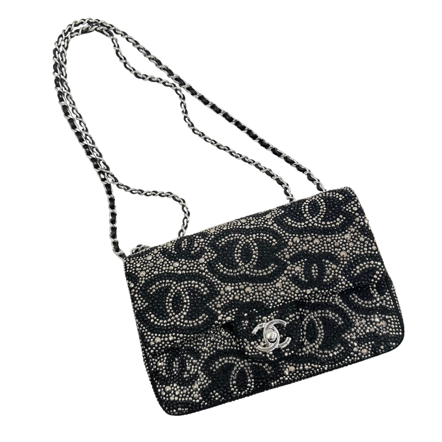 Chanel Satin Diamante CC Logo Small Flap Ruthenium Black