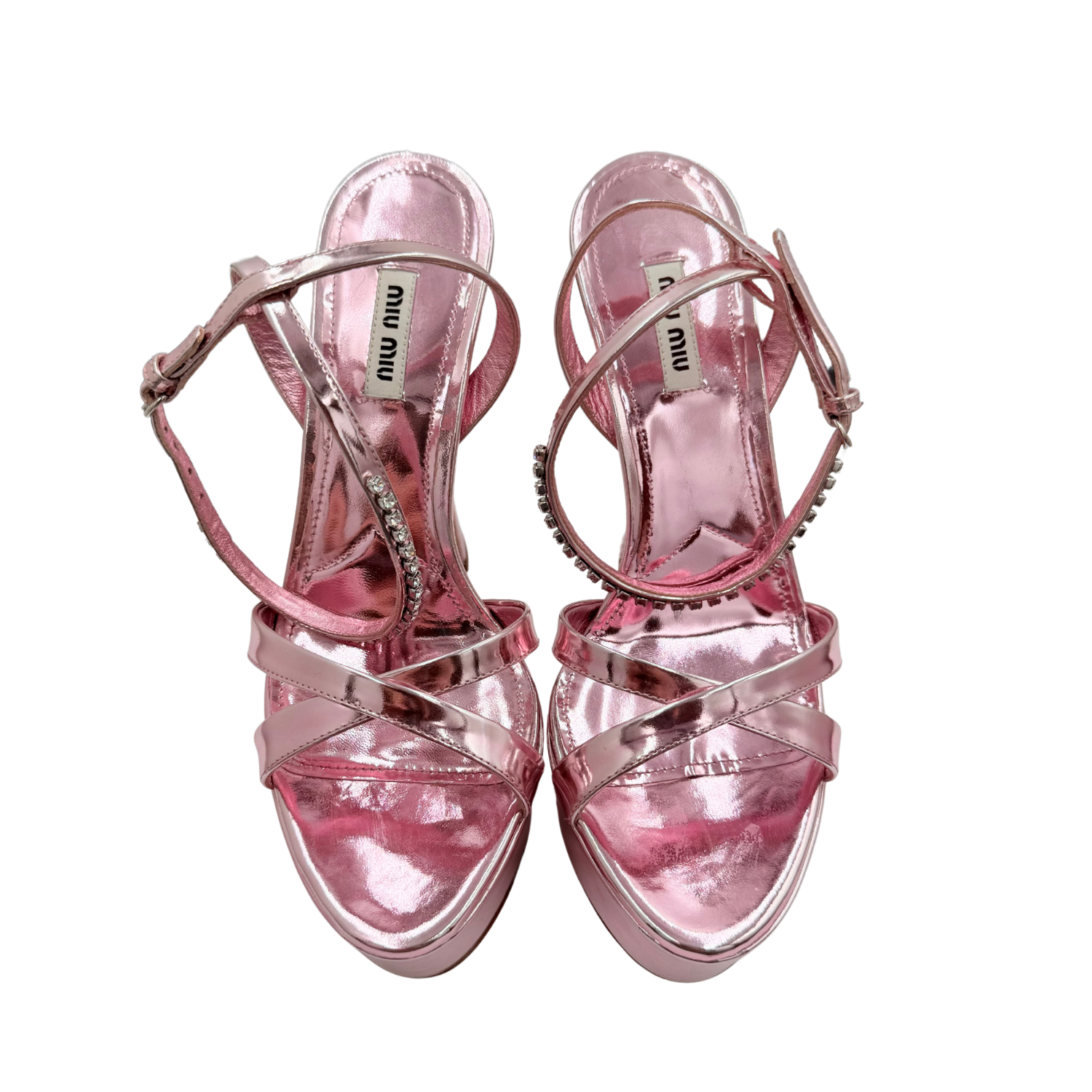 Miu Miu Décolleté Bejeweled Leather Platform Sandals Pink