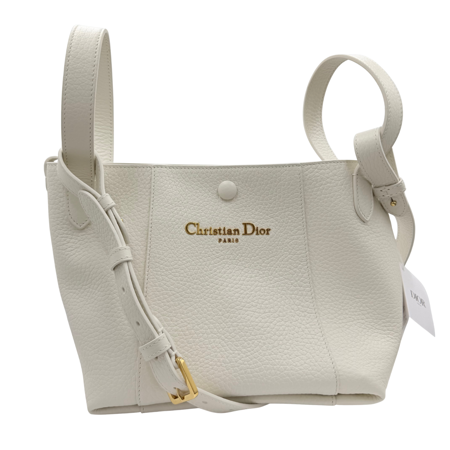 Christian Dior Small Leather Signature Bucket Bag Off White