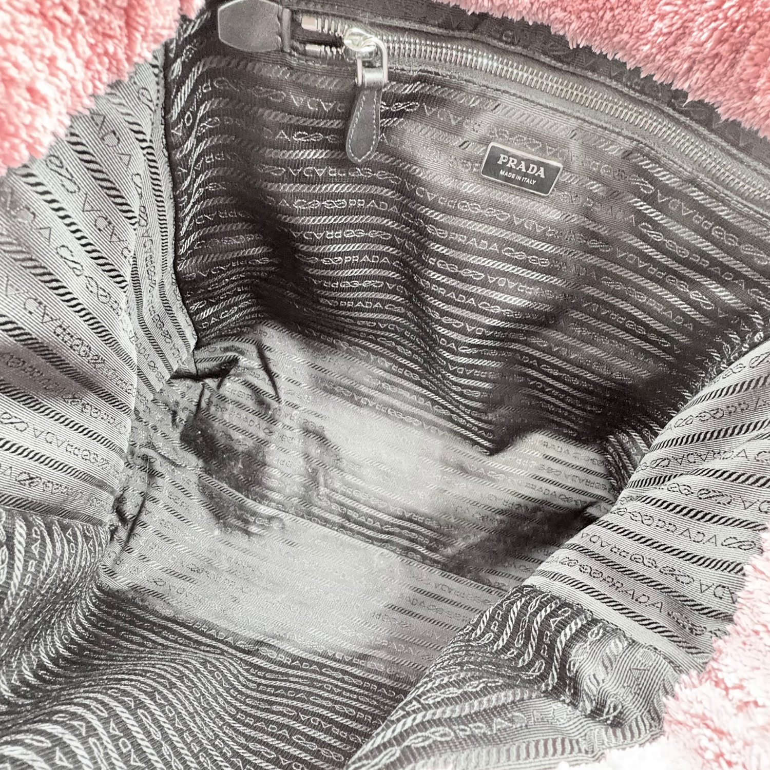 Prada Enameled Metal Triangle Spugna Tote Pink