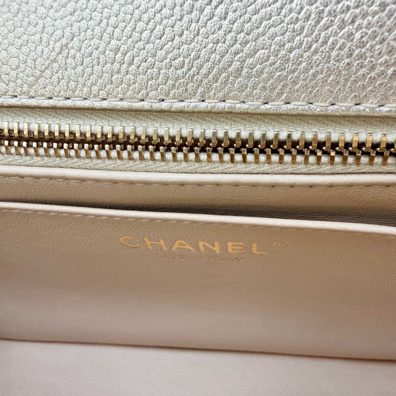 Chanel Medium Metallic Caviar Quilted CC Slide Flap Light Gold Sold Out