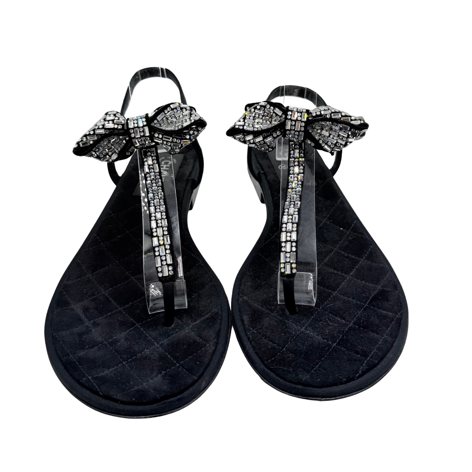 Chanel Crystal Embellished T-Strap Thong Sandals Black