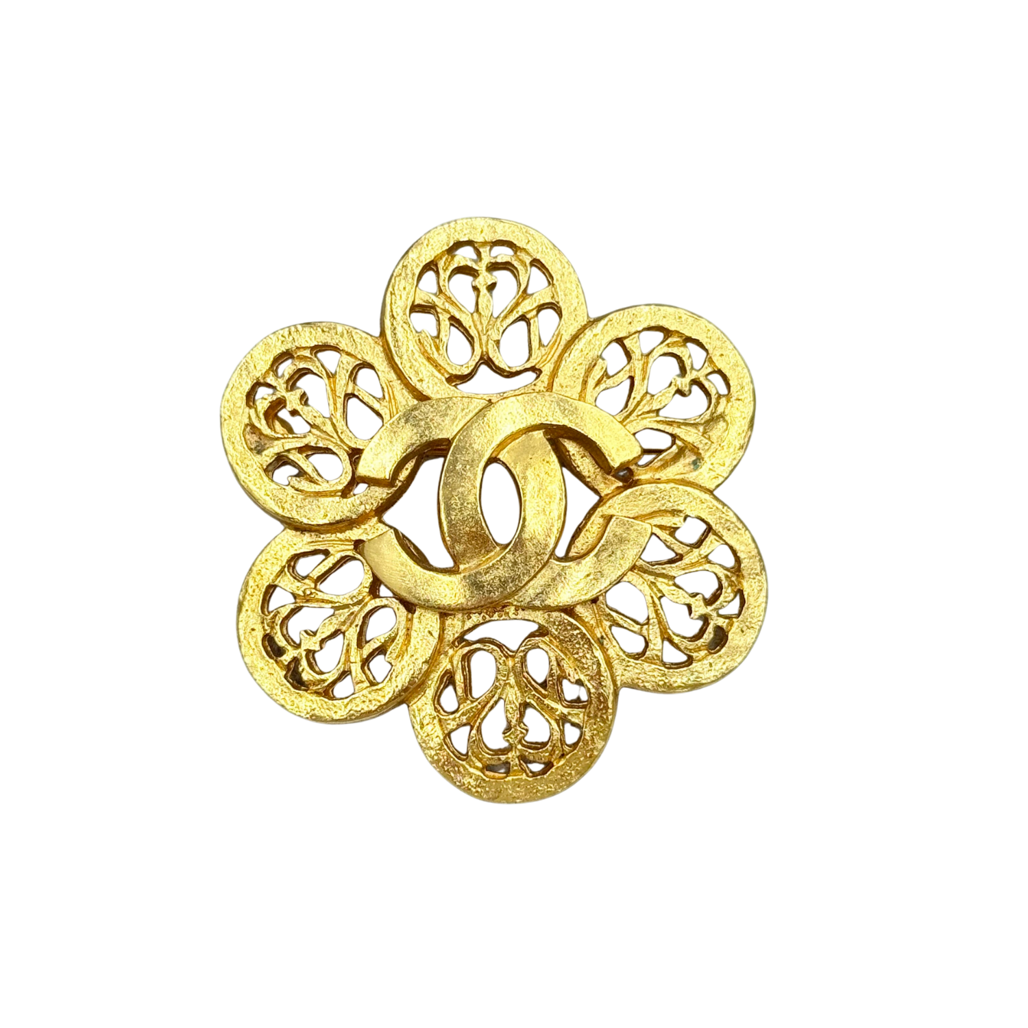 Chanel Vintage CC Arabesque Flower Brooch Pin Gold