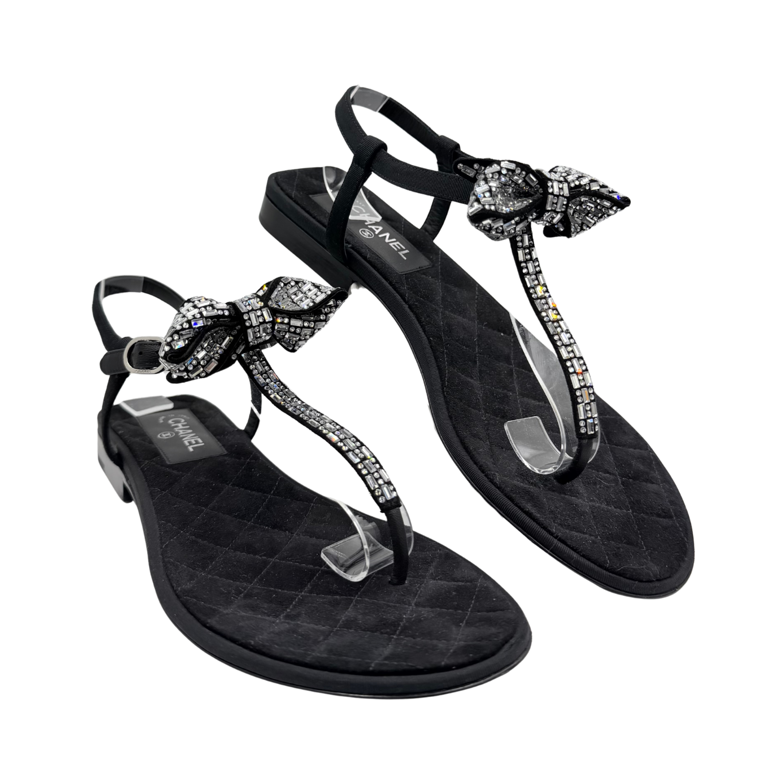 Chanel Crystal Embellished T-Strap Thong Sandals Black
