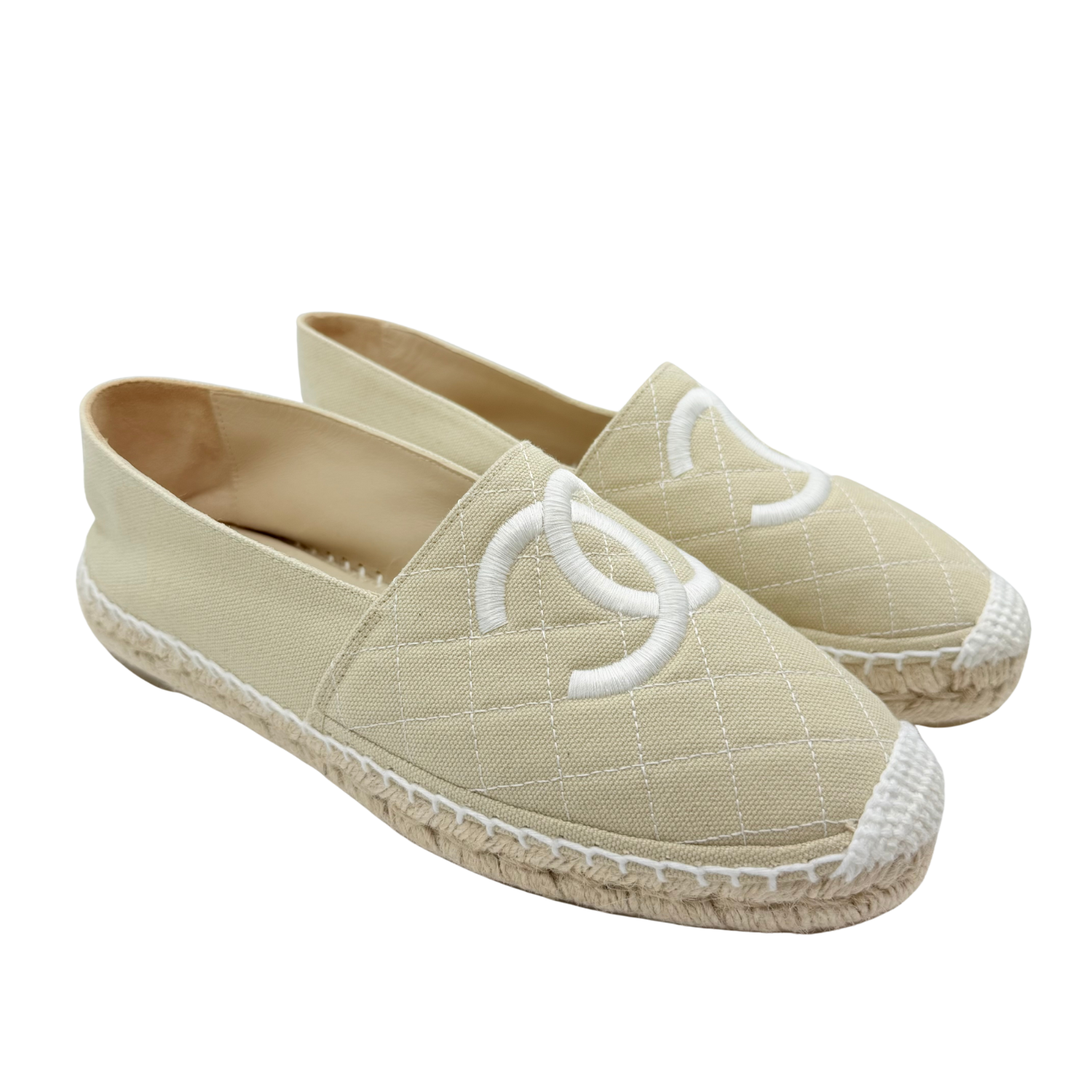 Chanel CC Fabric Biarritz Espadrilles White Beige