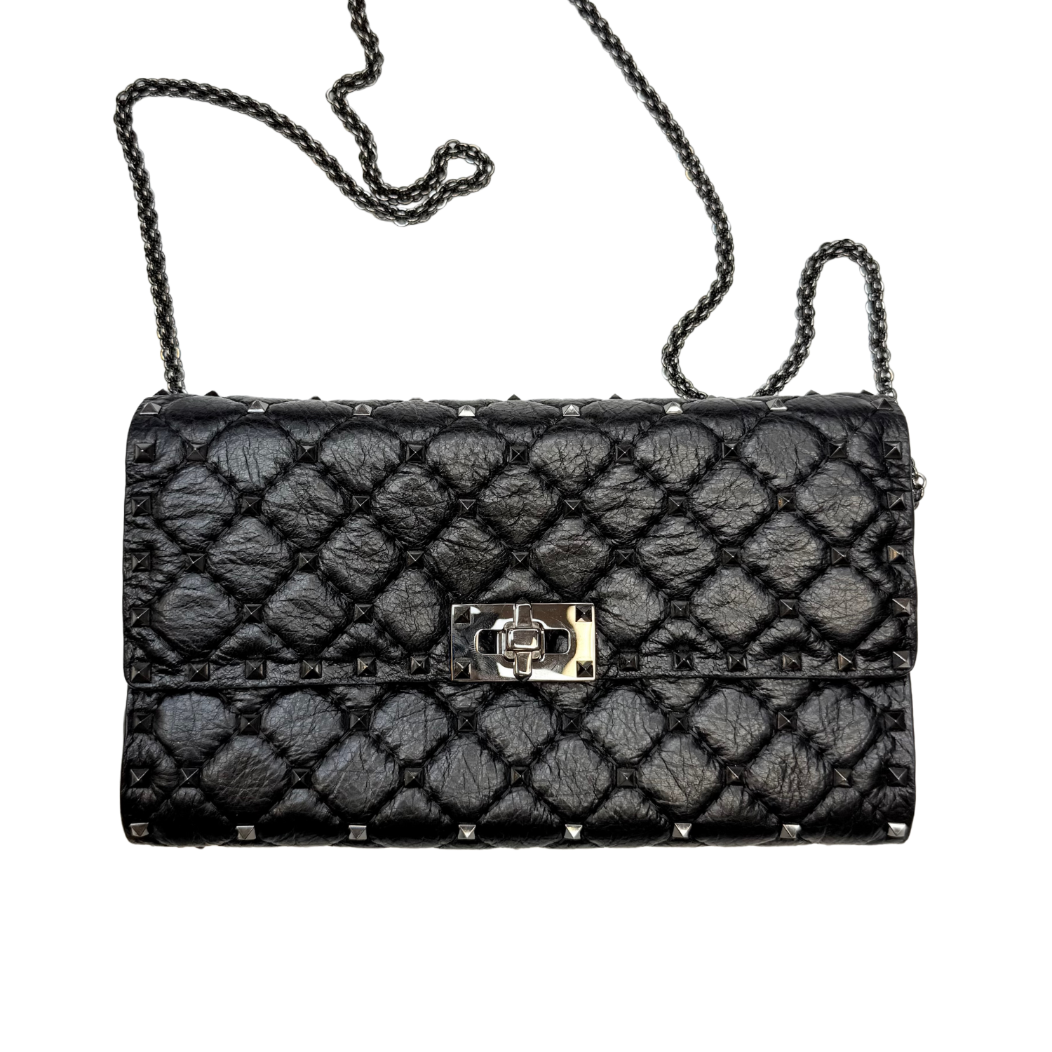 Valentino Craquele Nappa Rockstud Spike Wallet on Chain Black