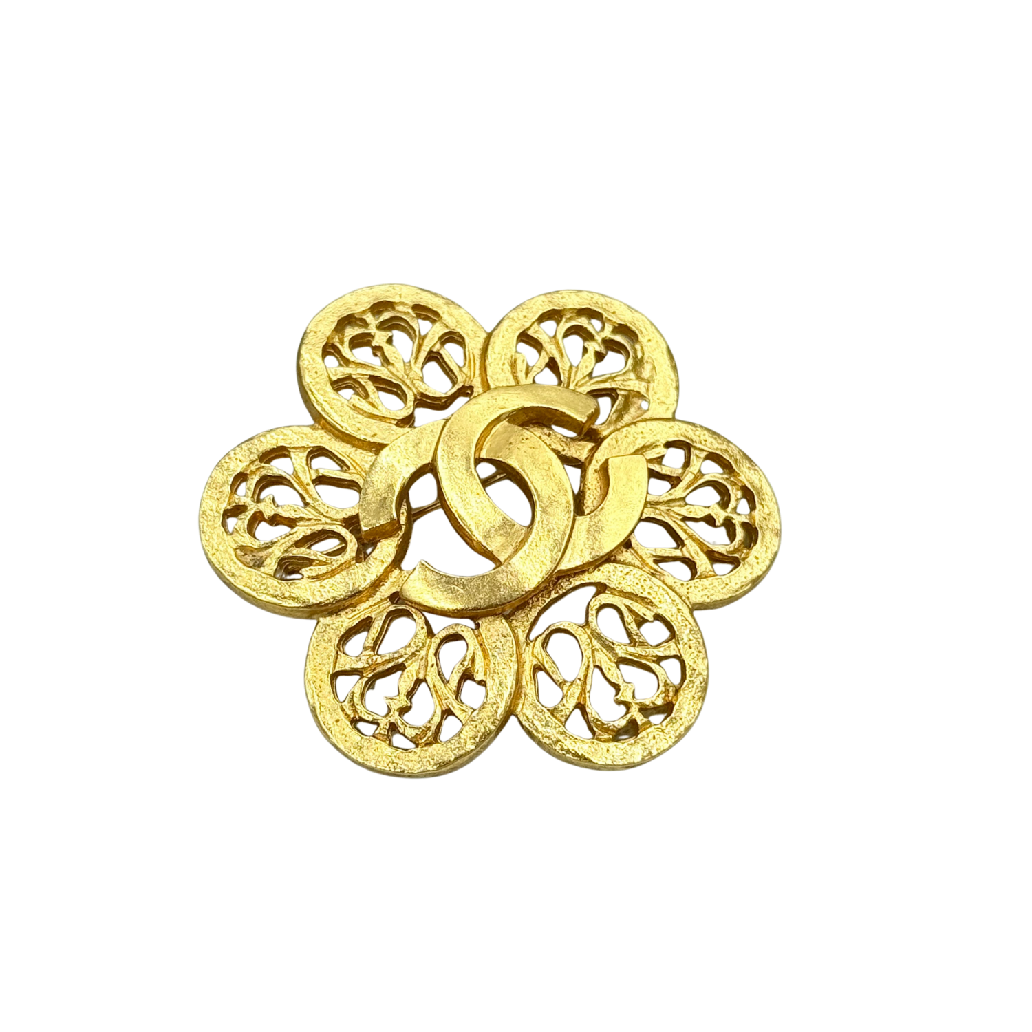 Chanel Vintage CC Arabesque Flower Brooch Pin Gold