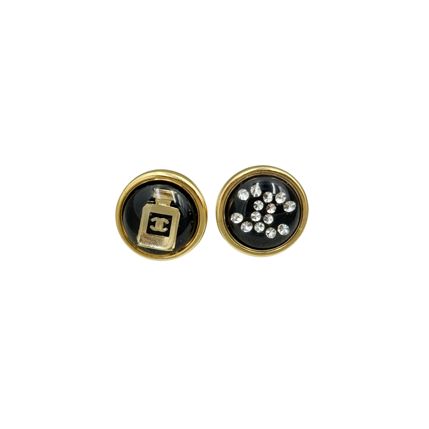 Chanel CC Small Round Stud Earrings Black Gold