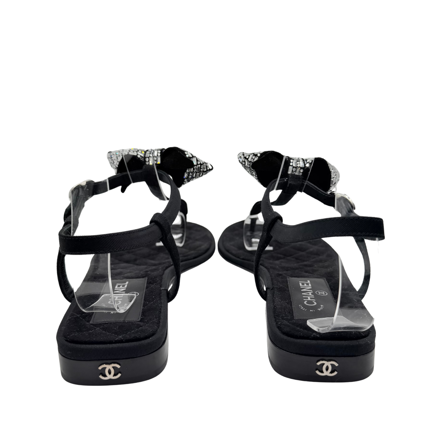 Chanel Crystal Embellished T-Strap Thong Sandals Black