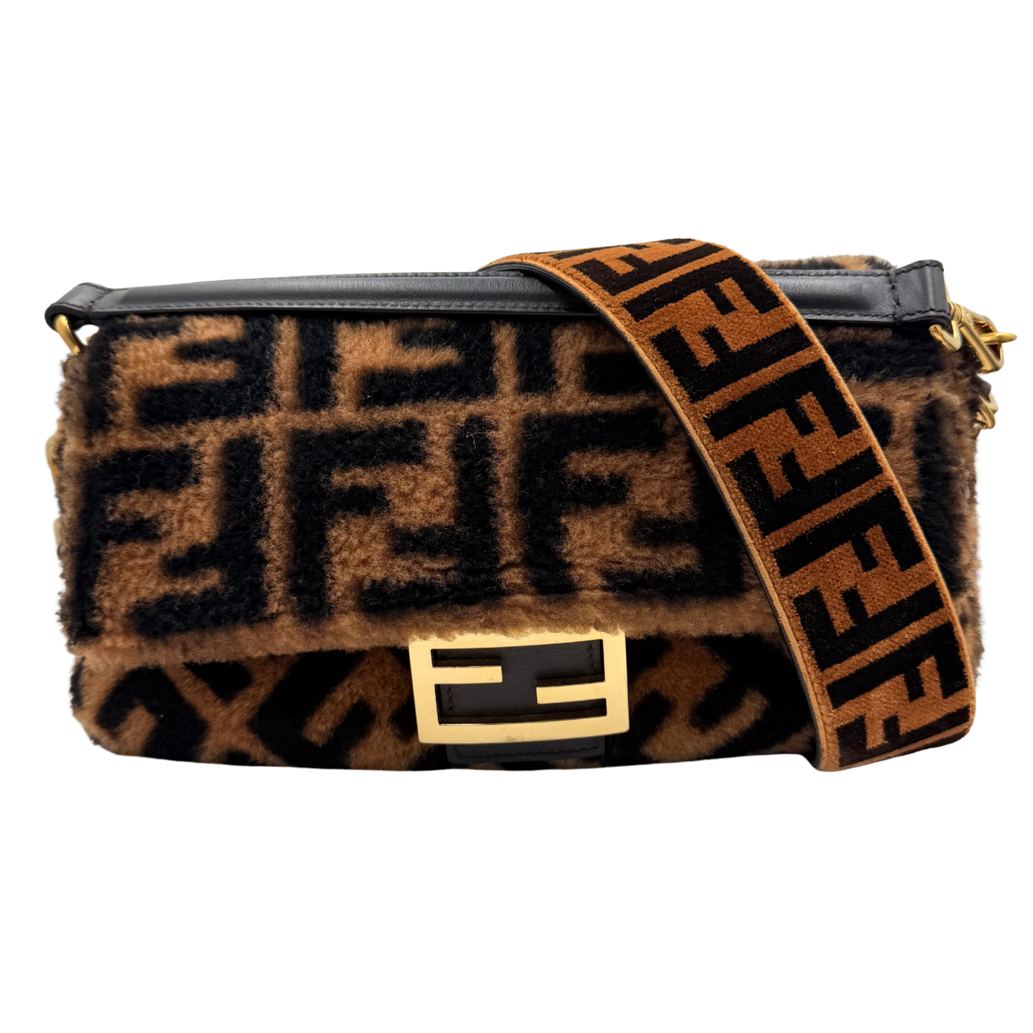Shearling Vitello Dolce Macro FF 1974 Baguette Tobacco Black
