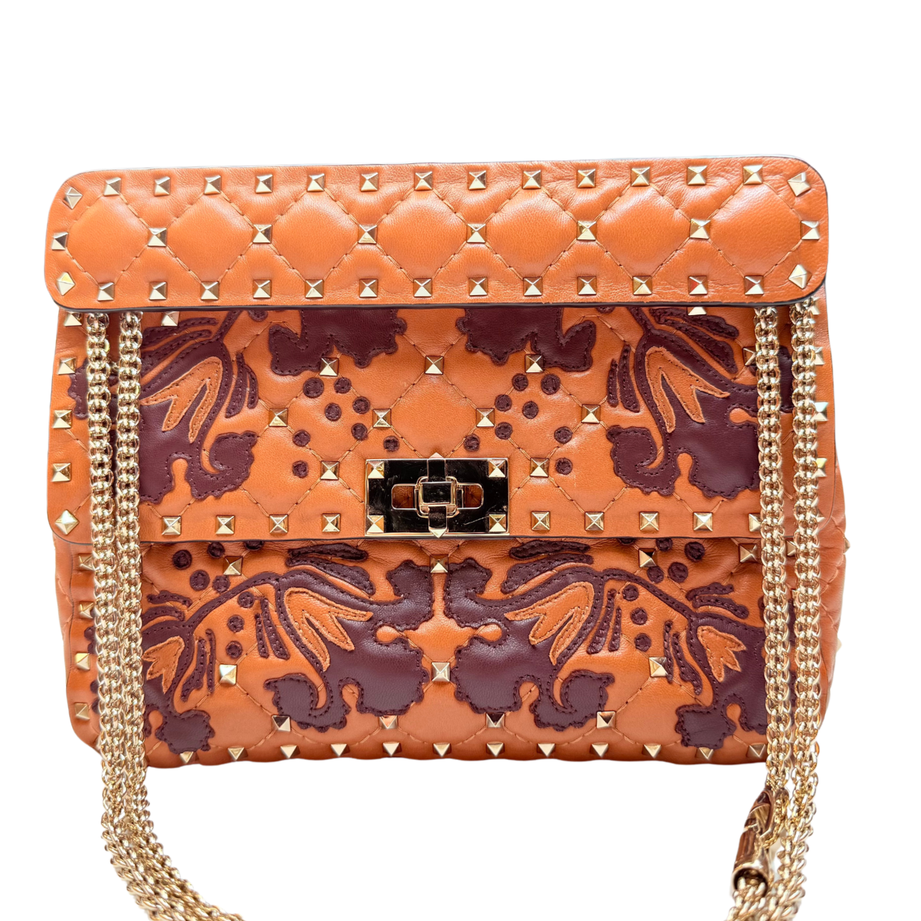 Valentino Nappa Flower Medium Rockstud Spike Shoulder Bag Brown
