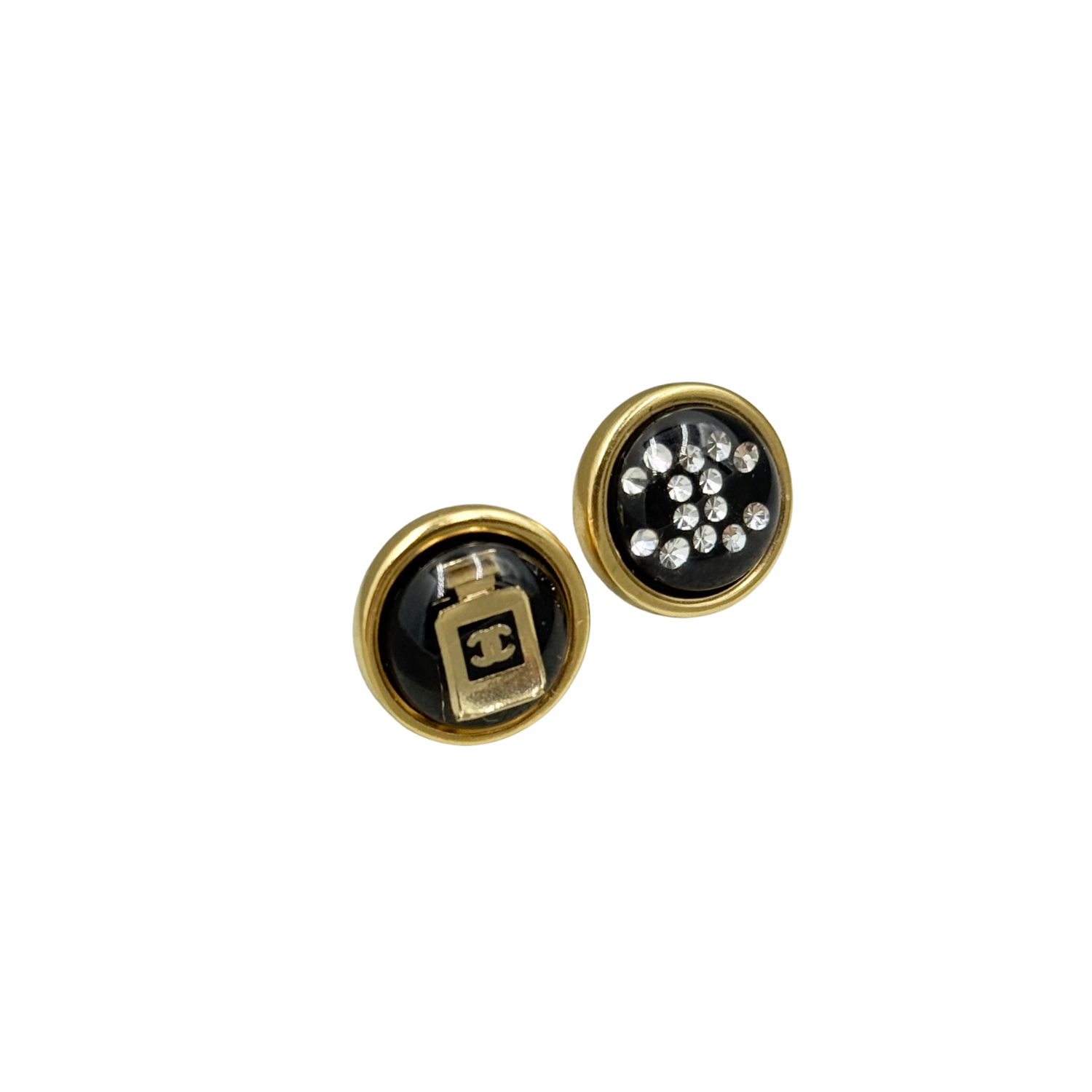 Chanel CC Small Round Stud Earrings Black Gold