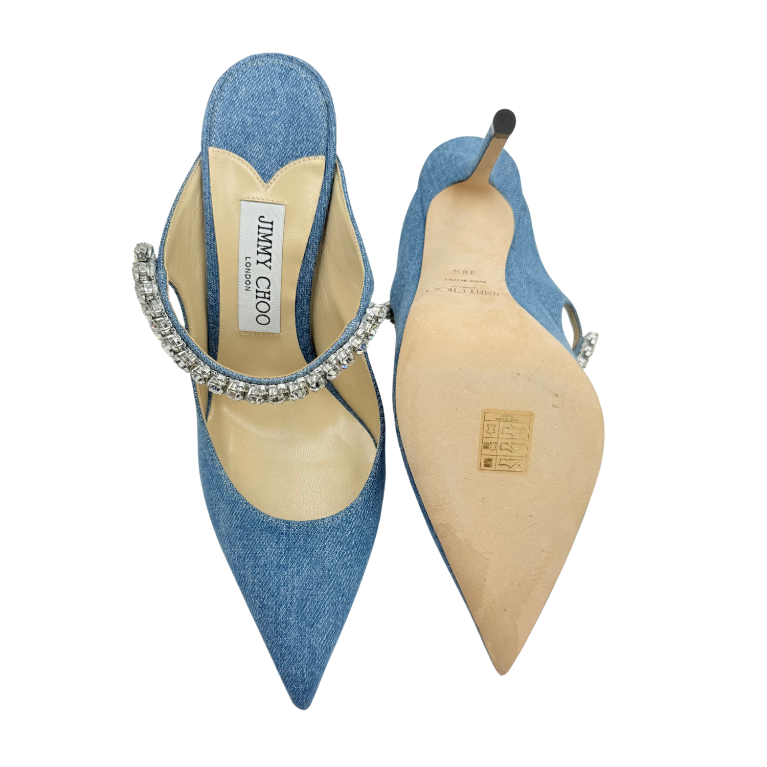 Jimmy Choo Bing 100 Crystal-Strap Heeled Mules Denim