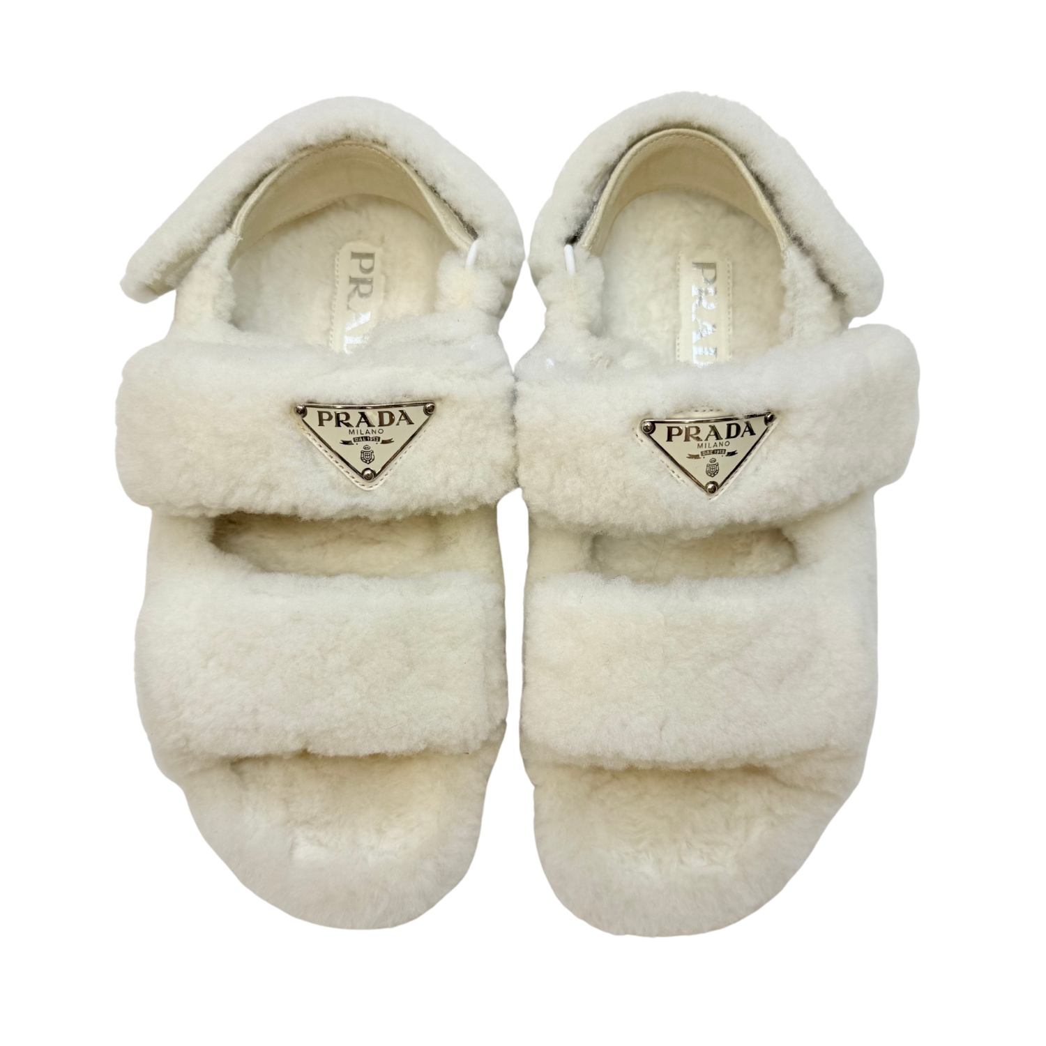 Prada Shearling Sandals Off White