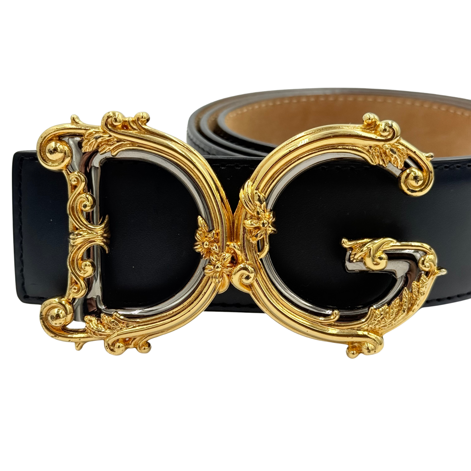 Dolce & Gabbana Leather Belt with Baroque DG Logo Black