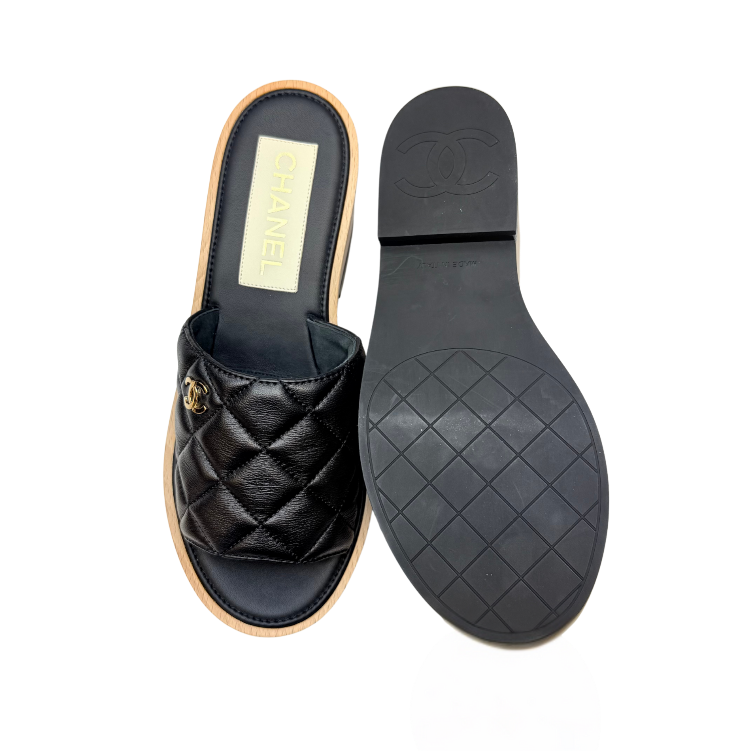 Chanel Interlocking CC Wooden Platform Slides Black