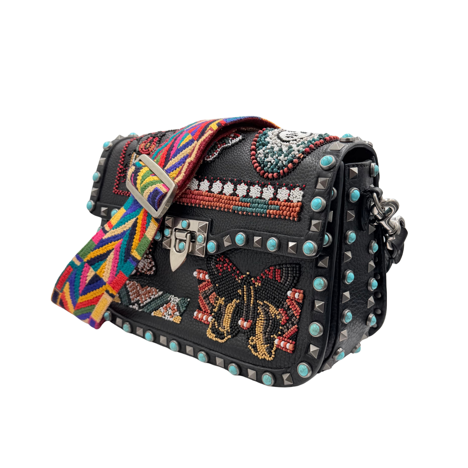 Beaded Rockstud Rolling Shoulder Bag w/ Guitar Strap Black