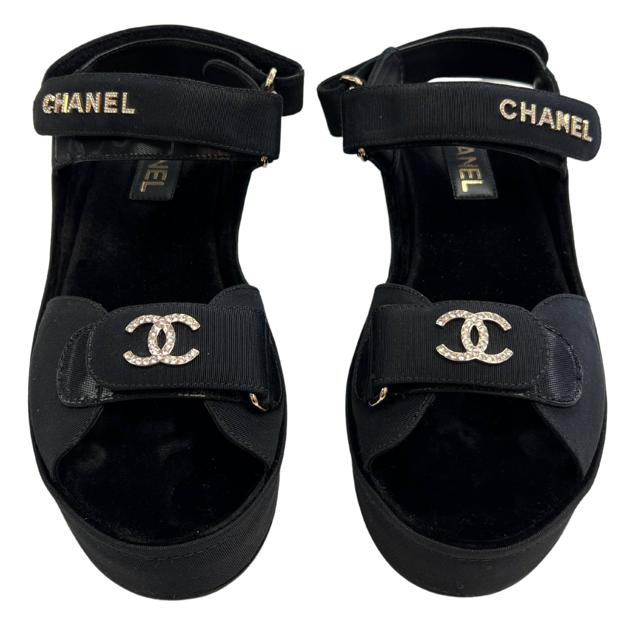 Chanel Grosgrain Crystal Logo Platform Sandals