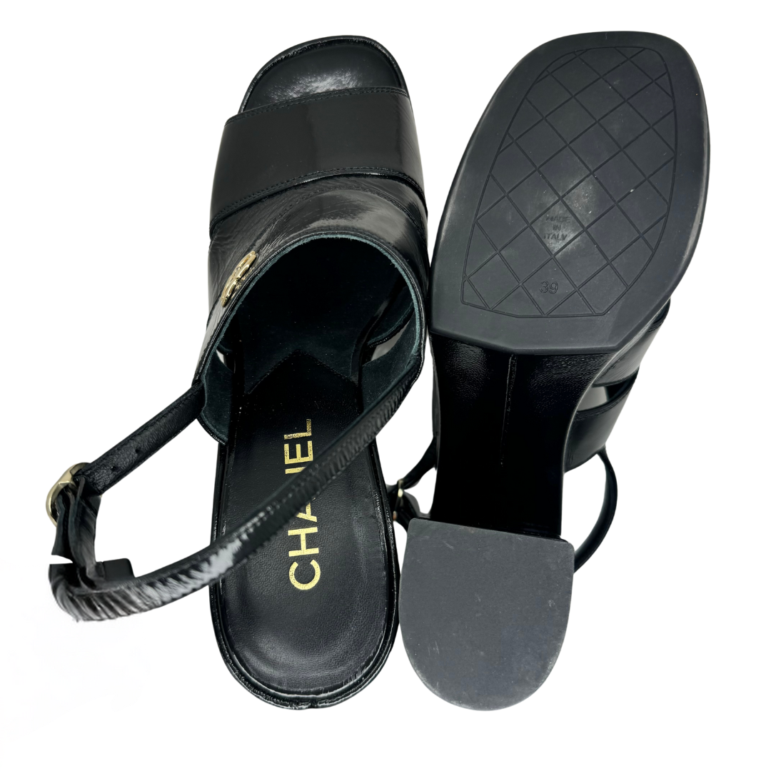 Chanel Patent Lambskin Platform Sandals Black