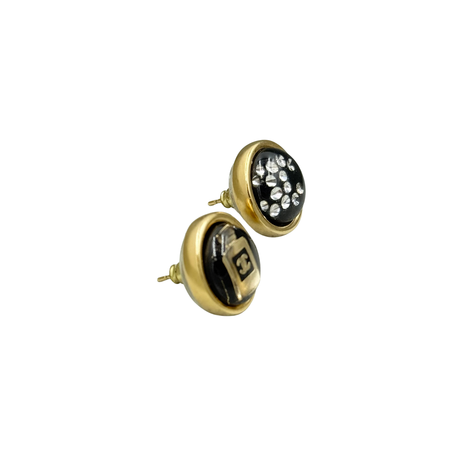 Chanel CC Small Round Stud Earrings Black Gold