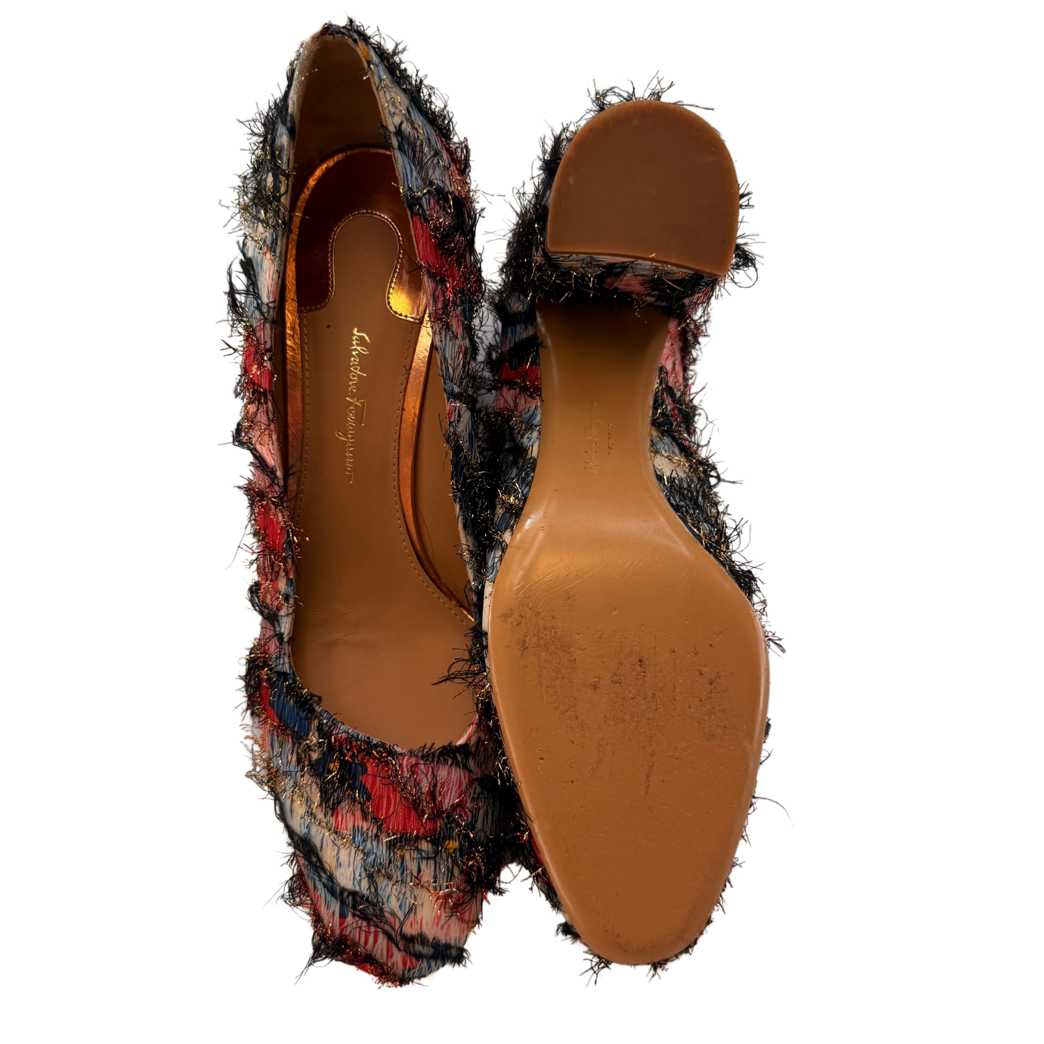 Salvatore Ferragamo Satin Fantasy Fringe Block Heel Pump Multicolor